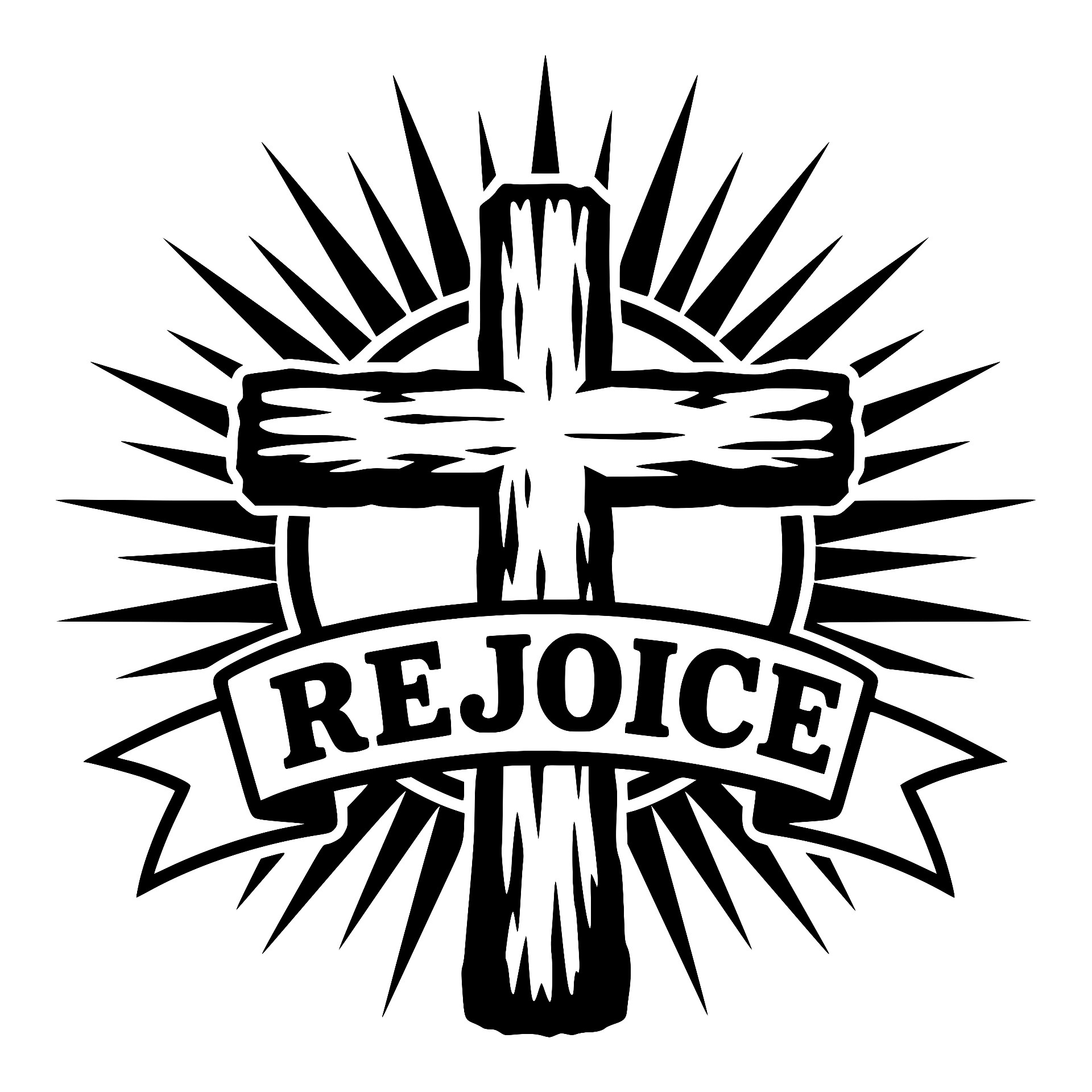 Cross with sunburst rays and a Rejoice banner
