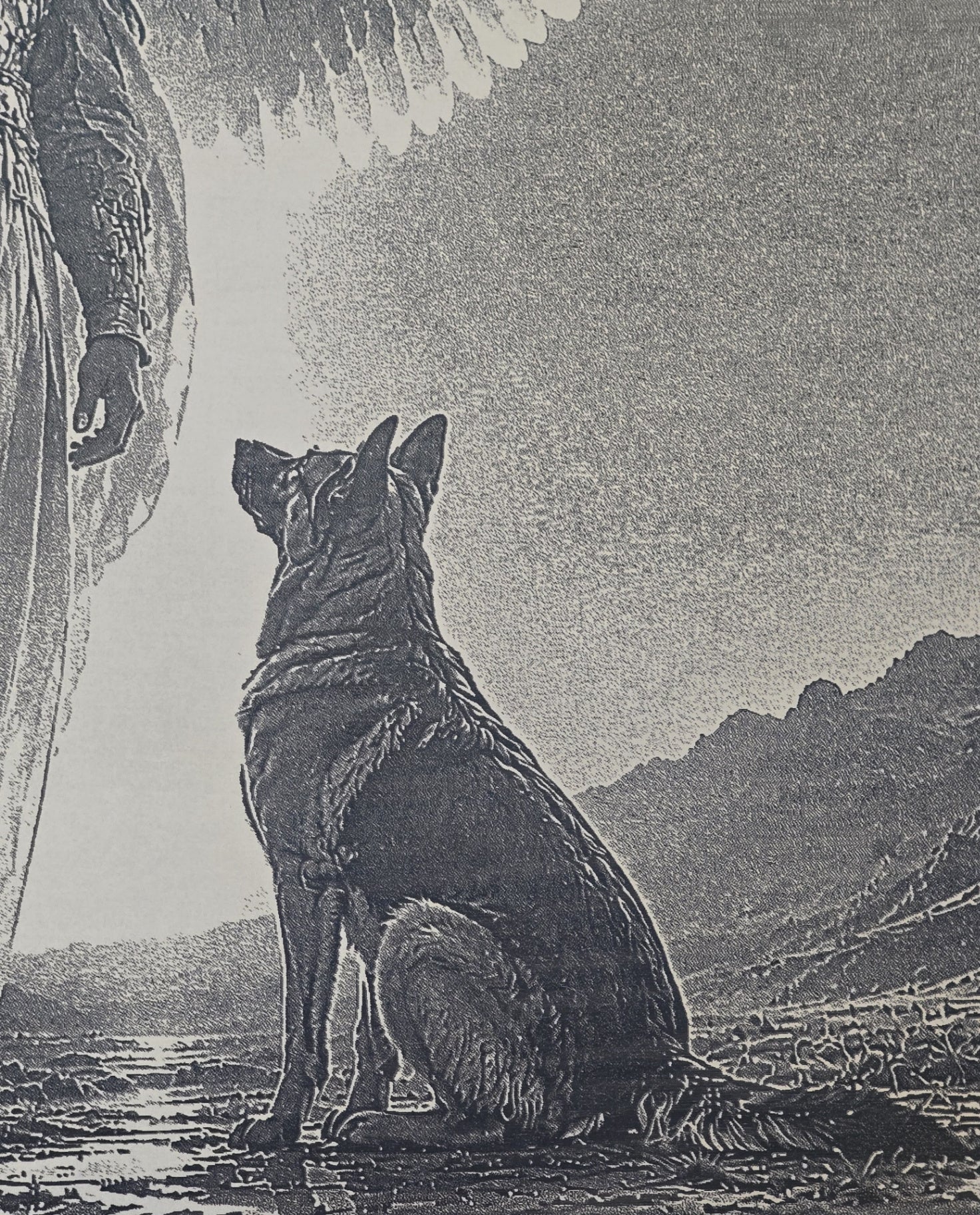 Dog looking up at Guardian Angel etched detail