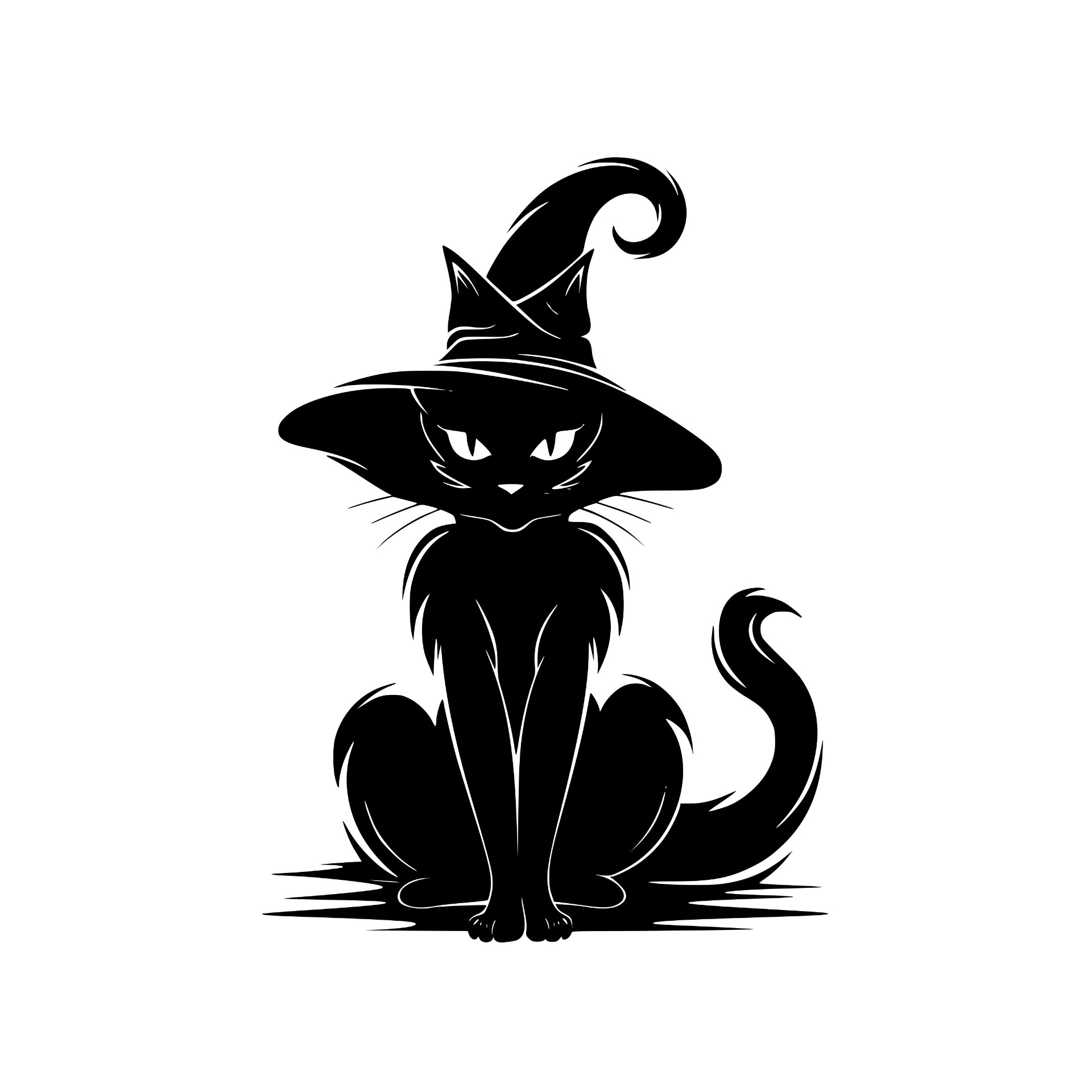 Sleek black cat in a pointed witch hat