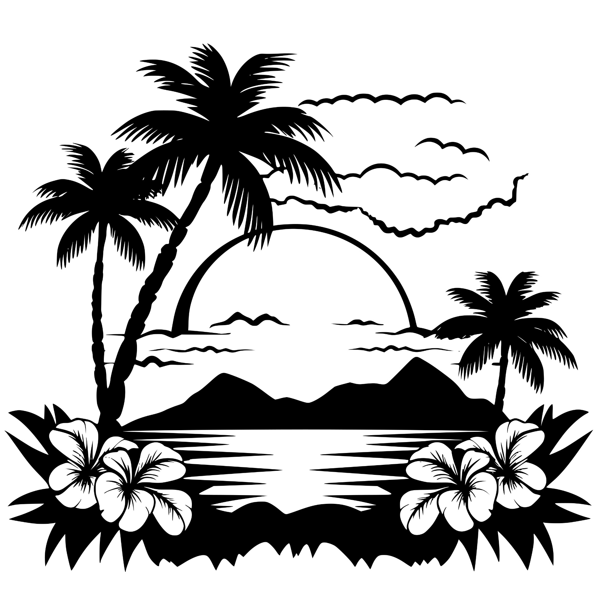 Tropical sunset with palms, mountains and hibiscus flowers