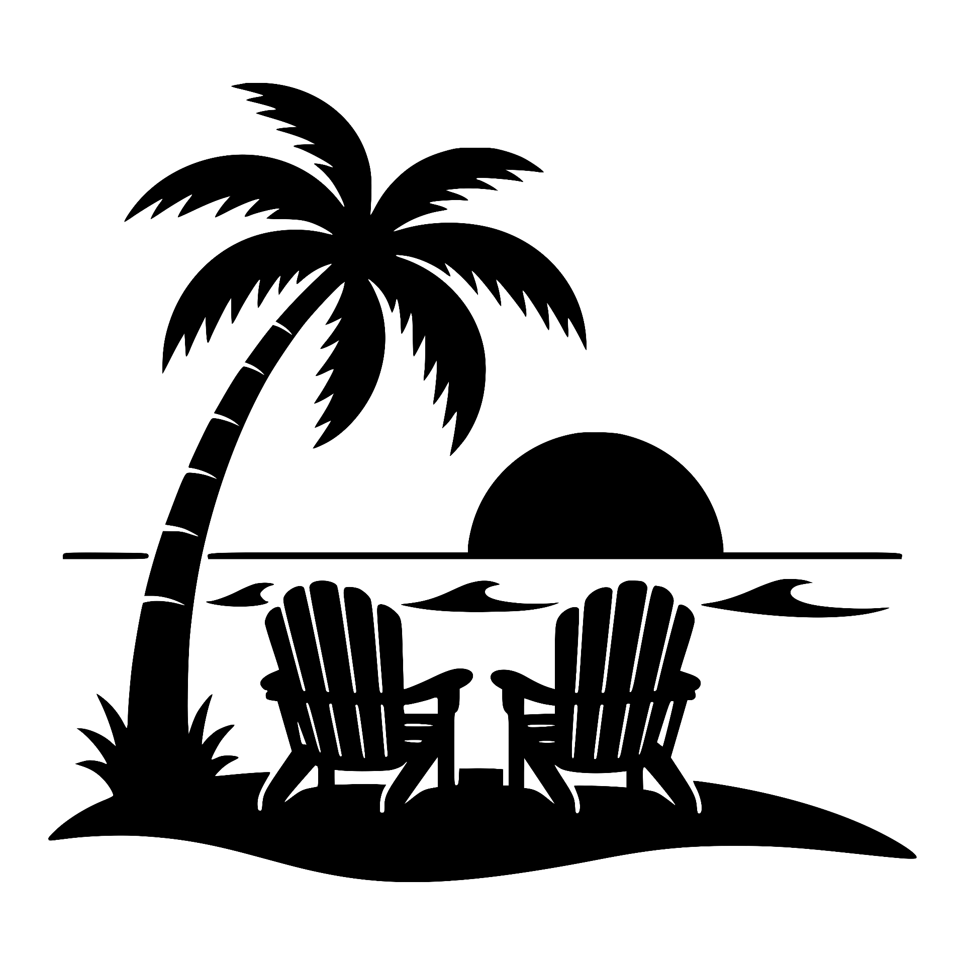 Palm tree and beach chairs at sunset silhouette