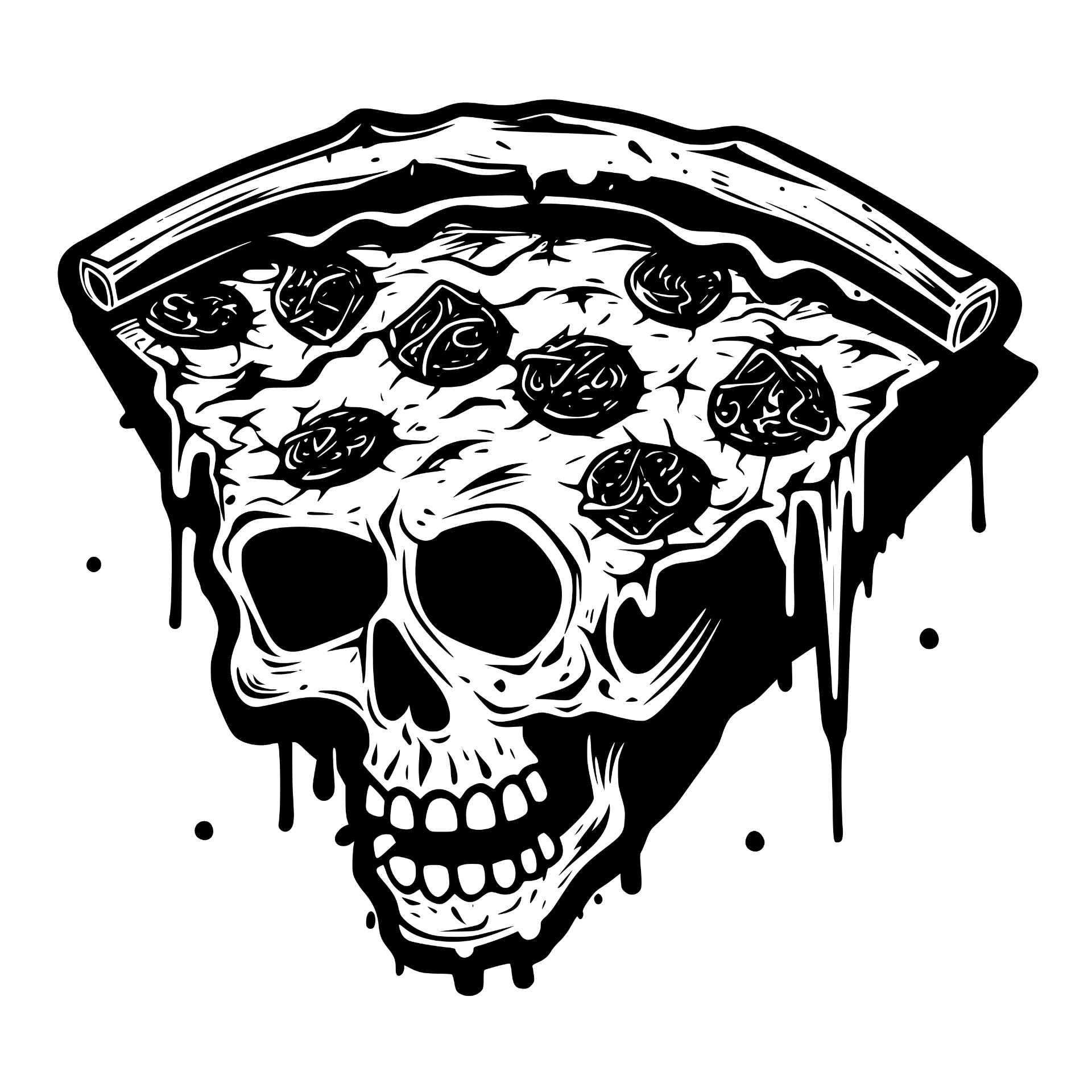 Melting pizza slice with a skull face and olive toppings
