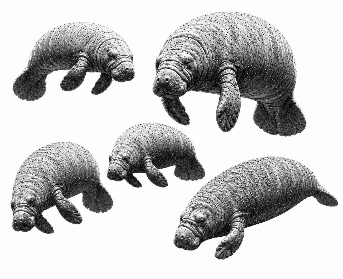 Detailed manatee studies in multiple poses