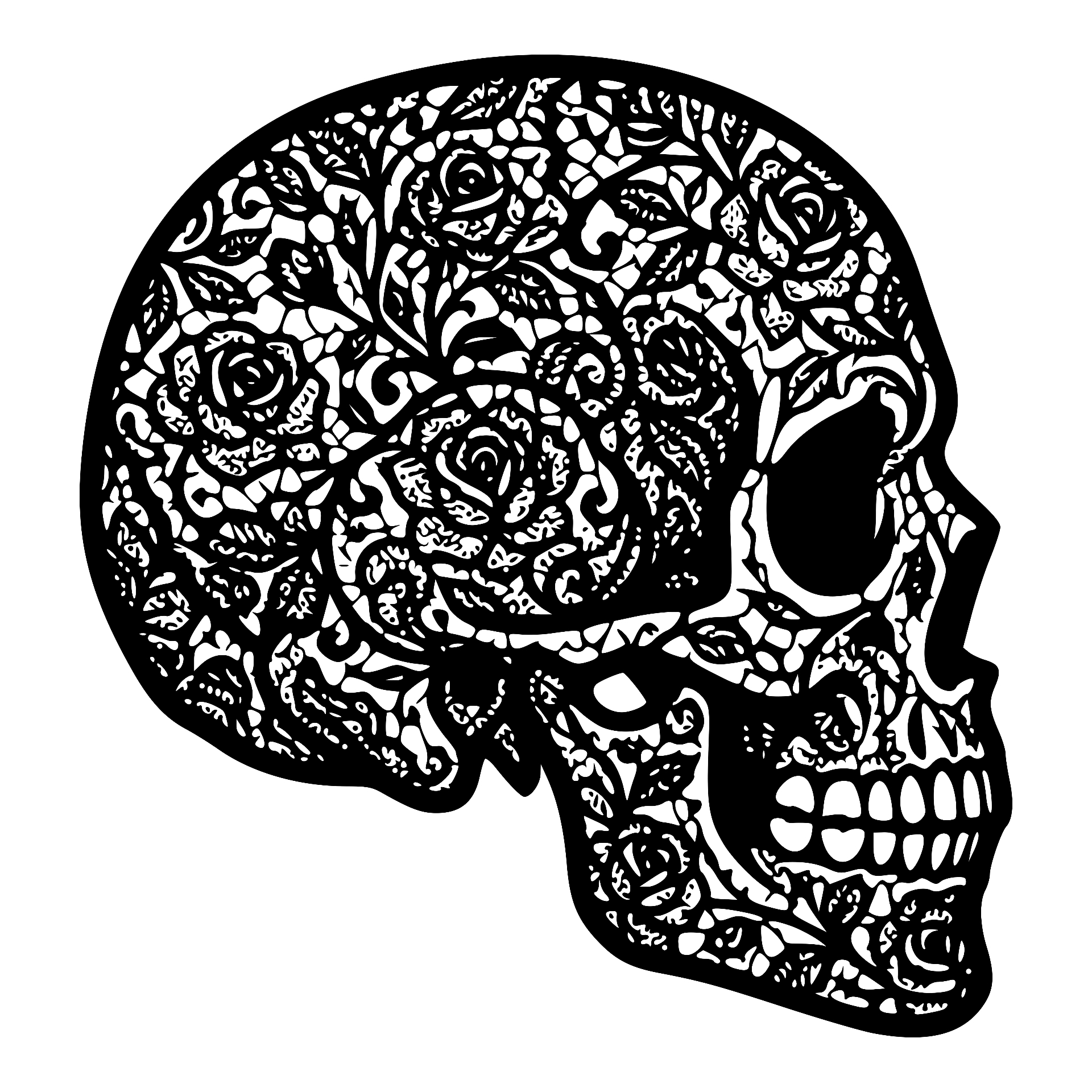 Side-profile skull filled with intricate floral filigree