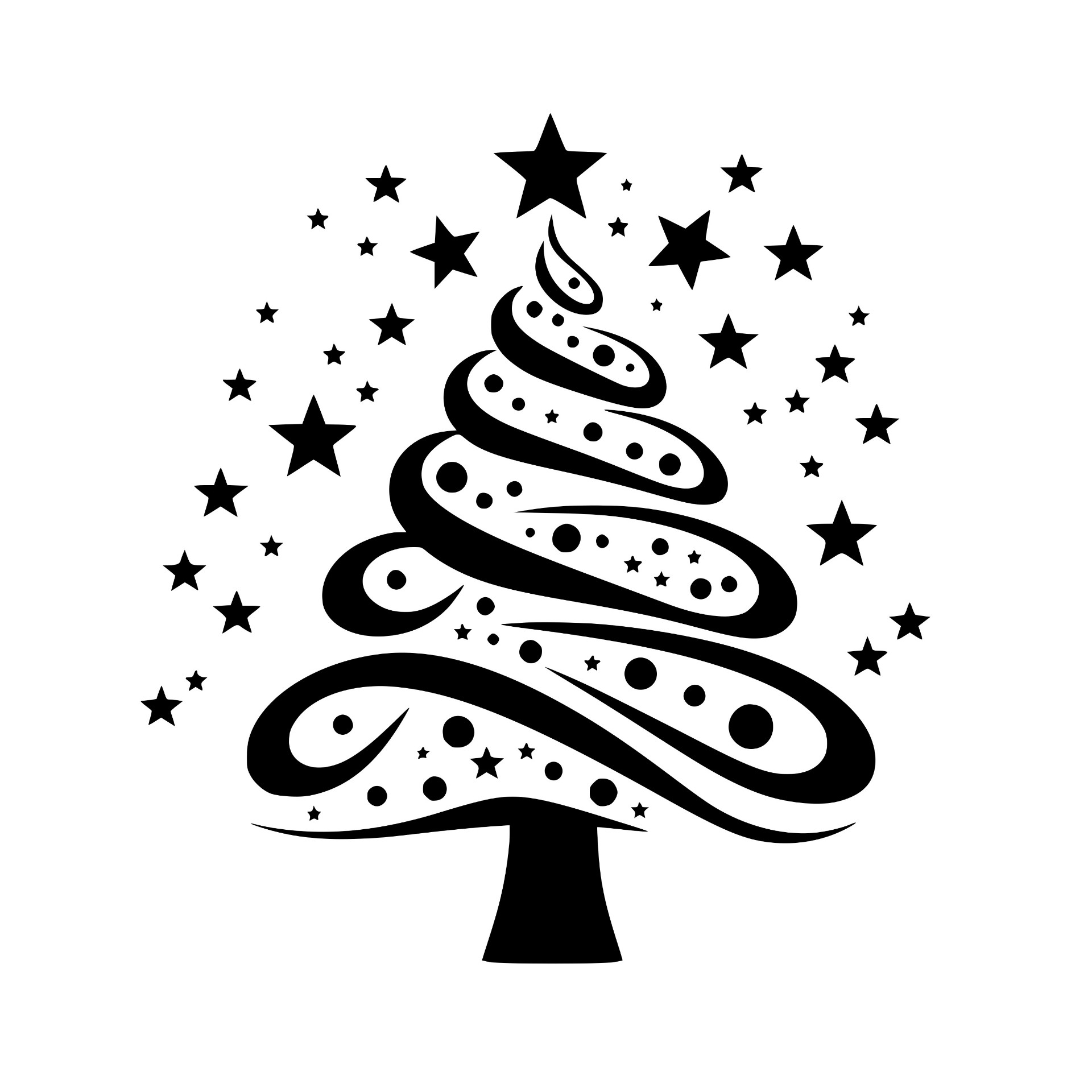 Stylized swirl Christmas tree decorated with stars and dots
