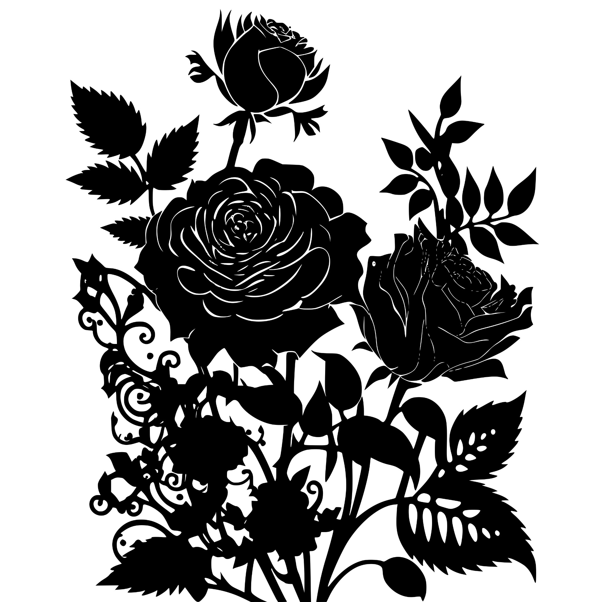 Gothic bouquet of roses and leaves silhouette