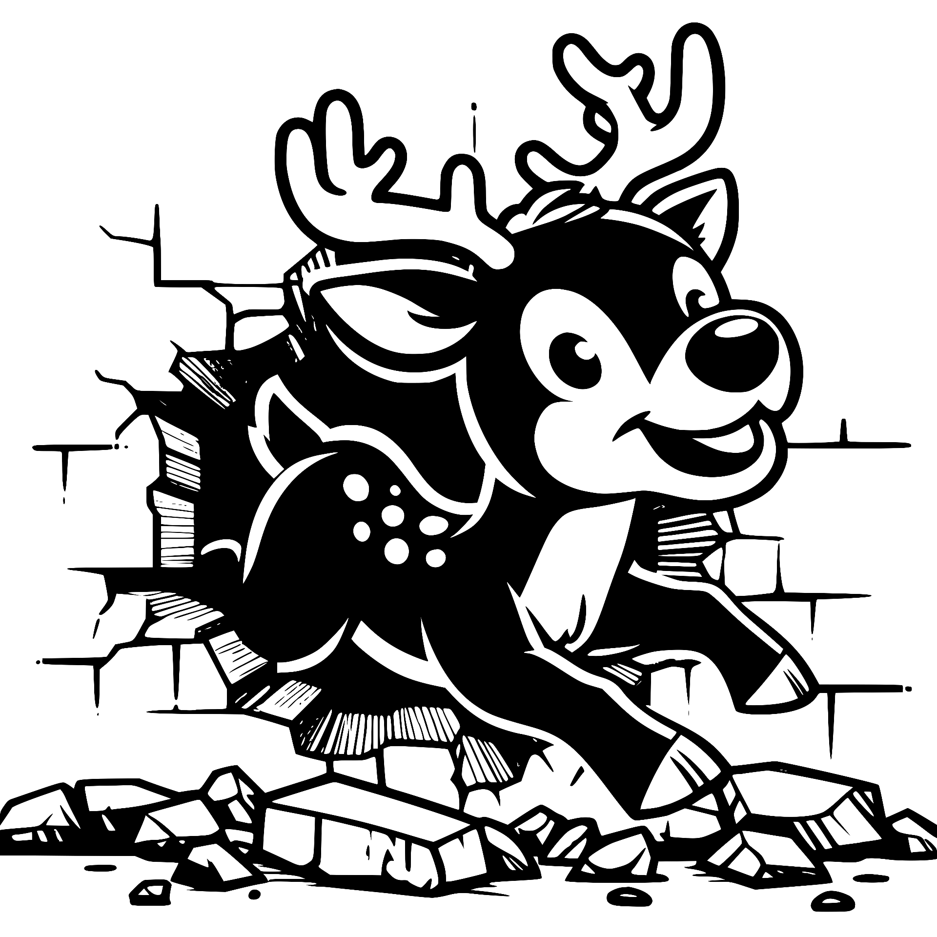 Reindeer running through a brick wall