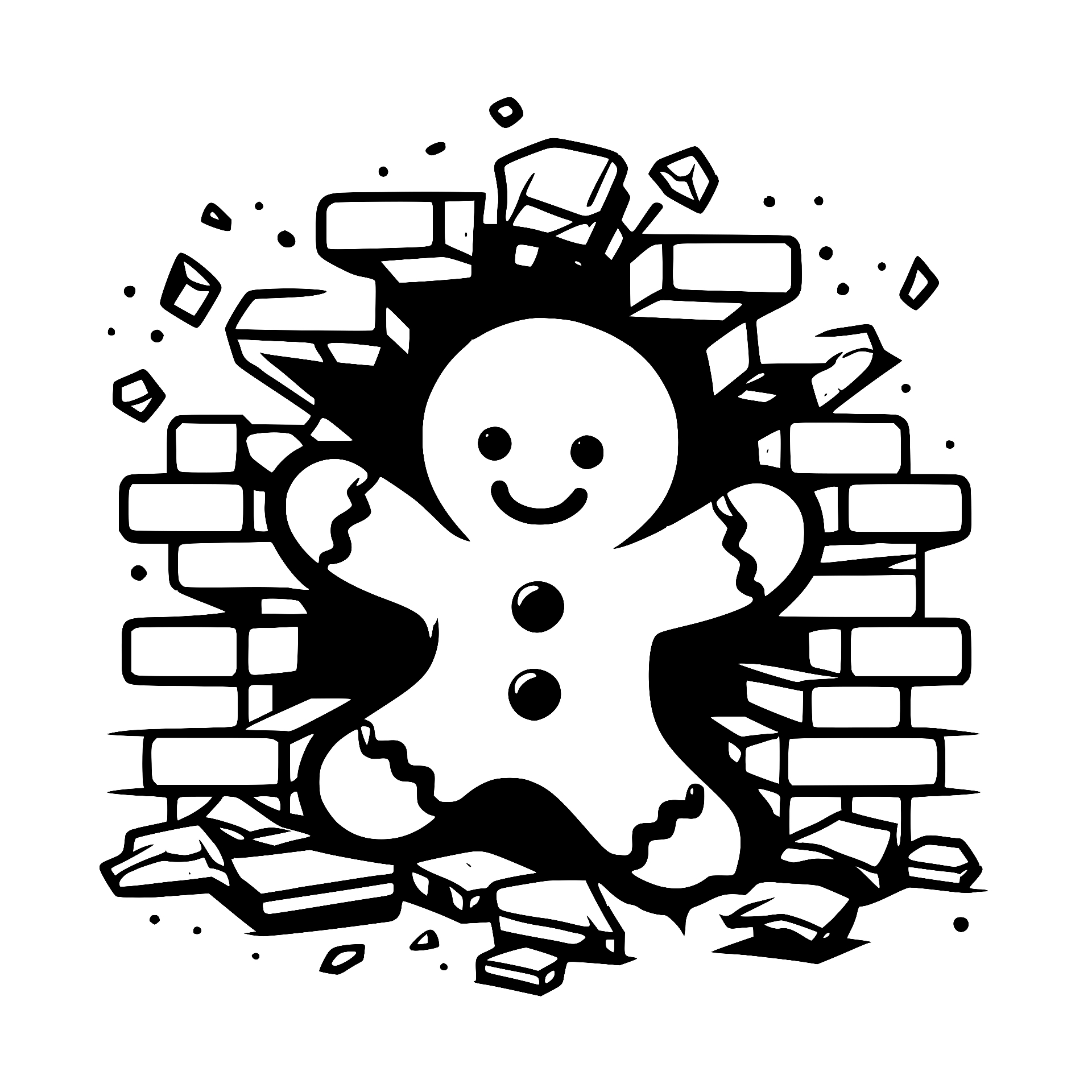 Gingerbread man breaking through a brick wall