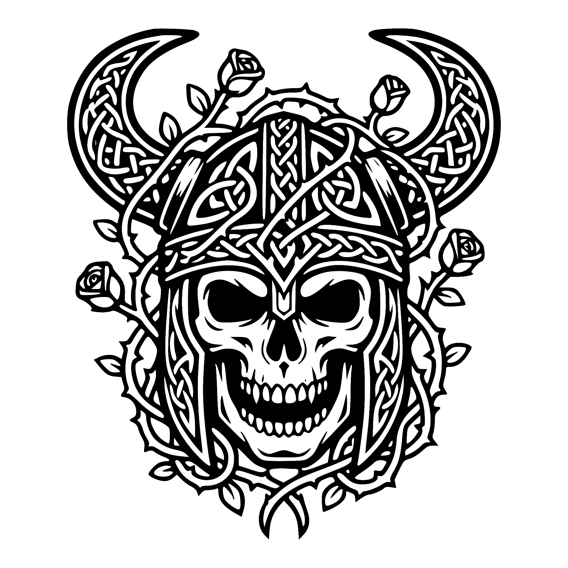 Skull wearing a horned Viking helmet with Celtic knotwork