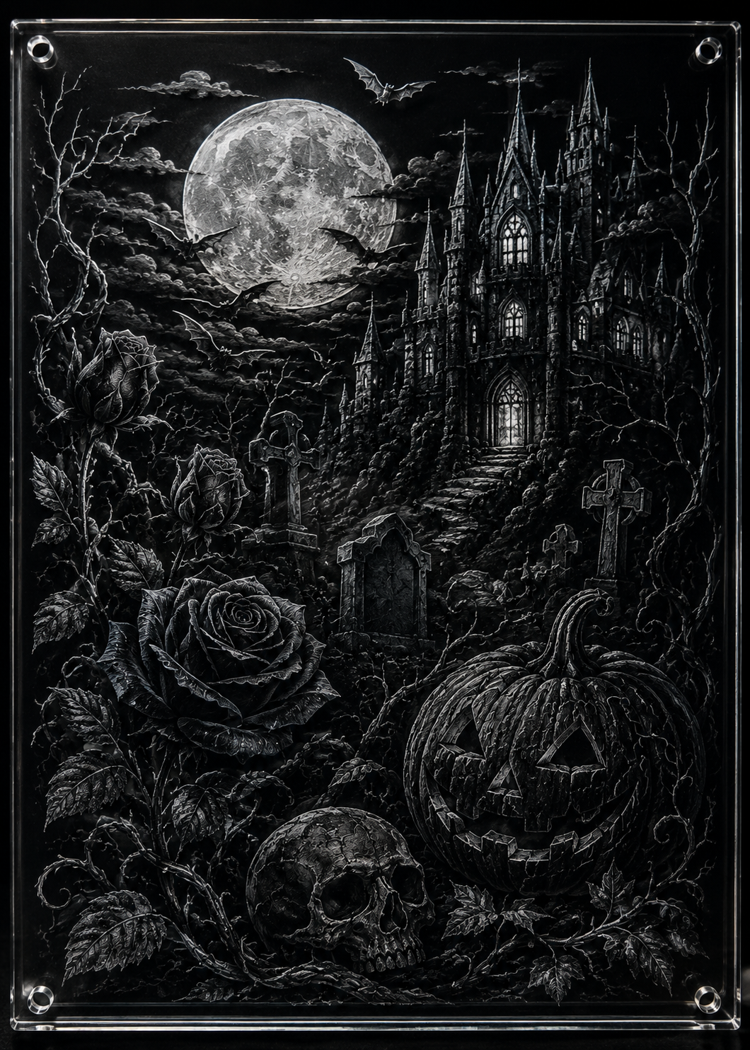 Gothic castle under a full moon with roses, skull, and jack-o-lantern
