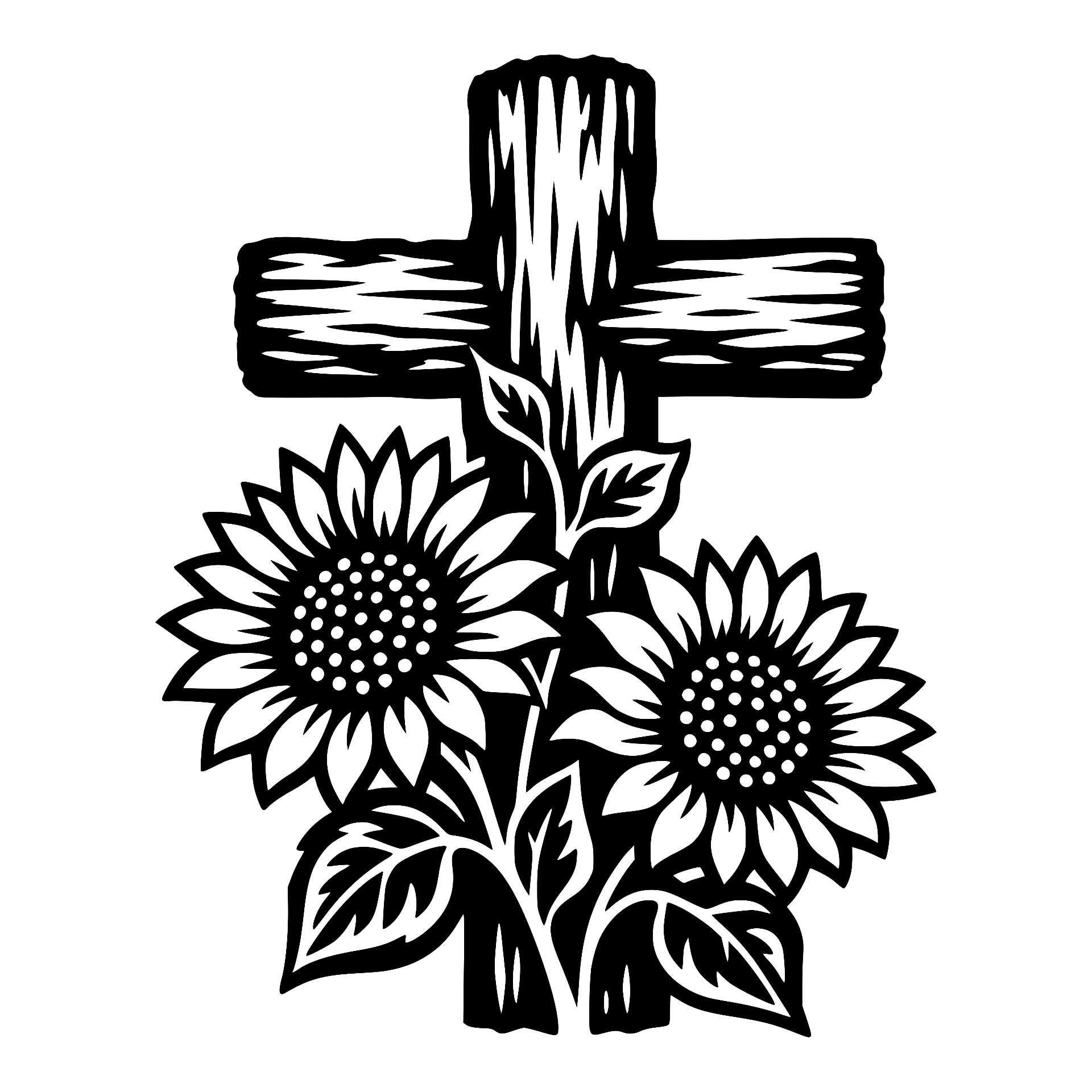 Wooden cross with sunflowers