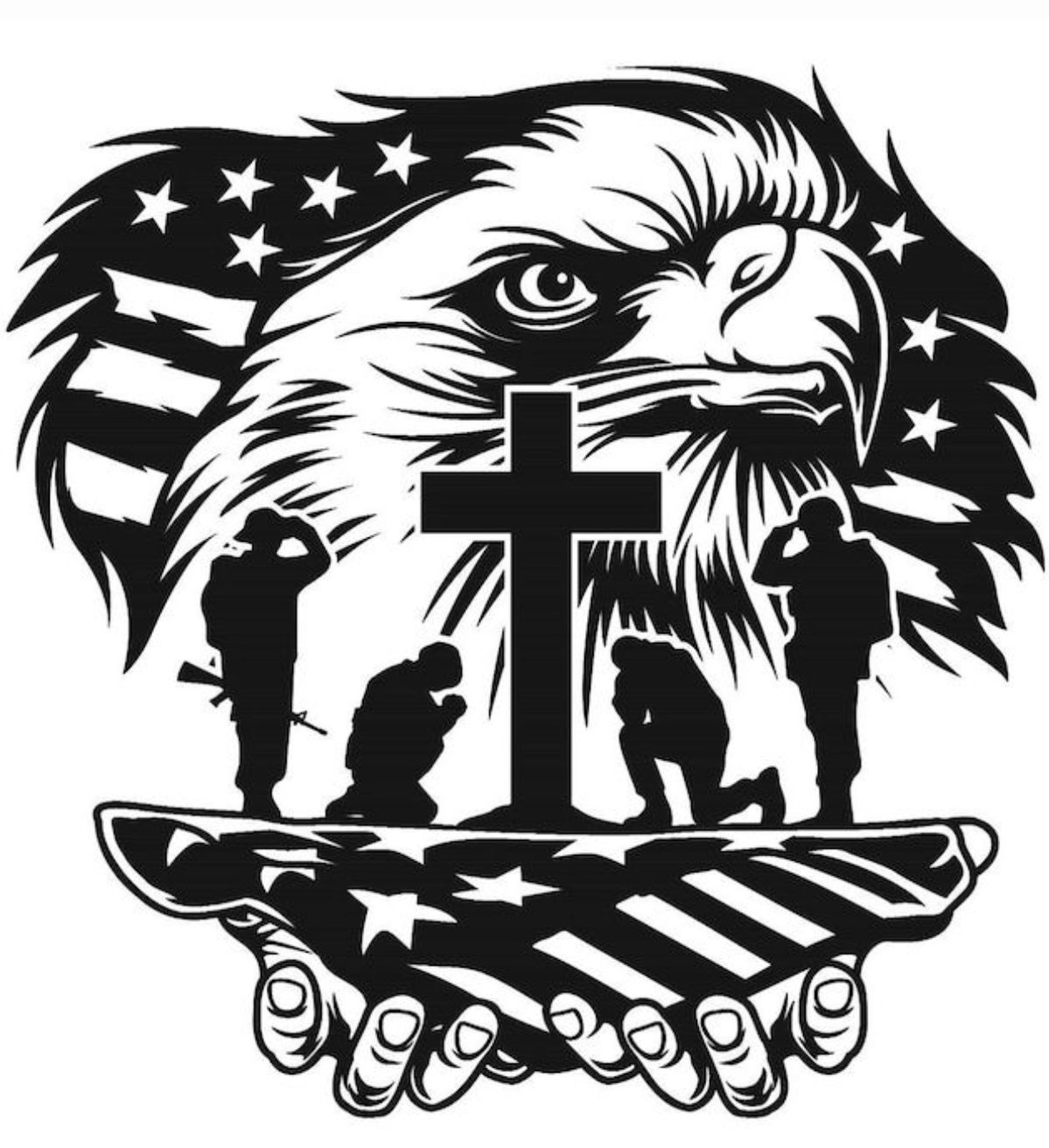 Eagle, cross, and saluting soldiers over American flag held in hands