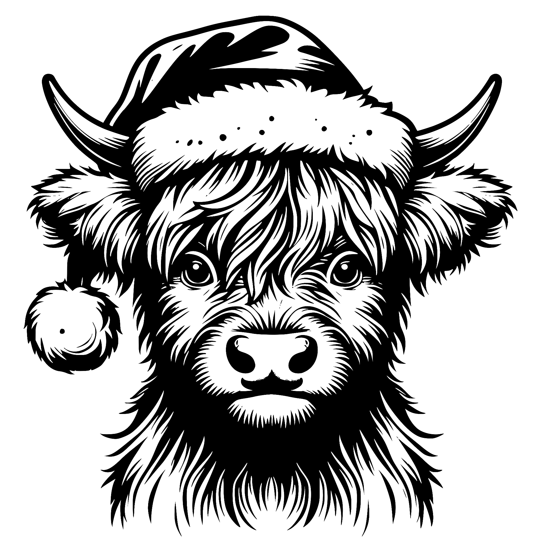 Highland cow wearing a Santa hat