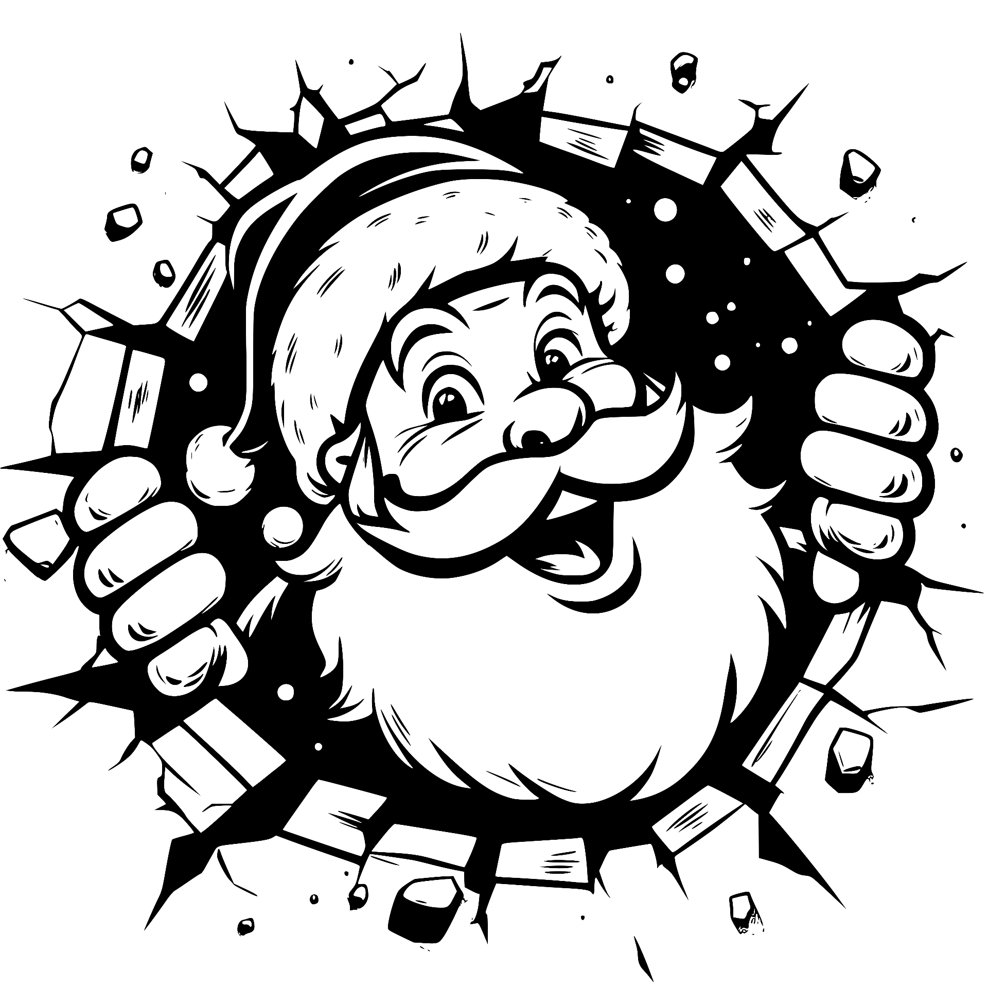 Santa Claus breaking through a brick wall