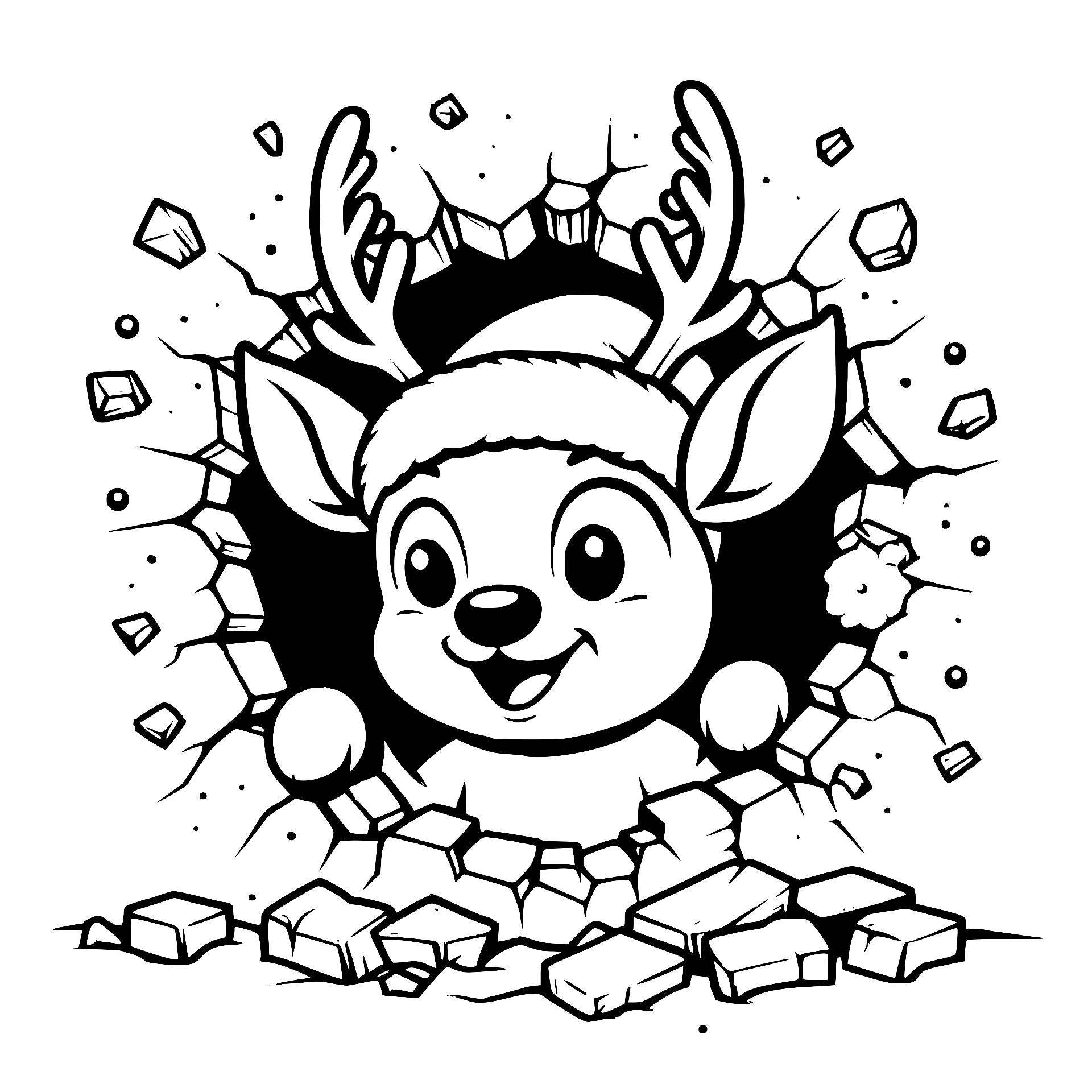 Smiling reindeer with antlers bursting through a wall