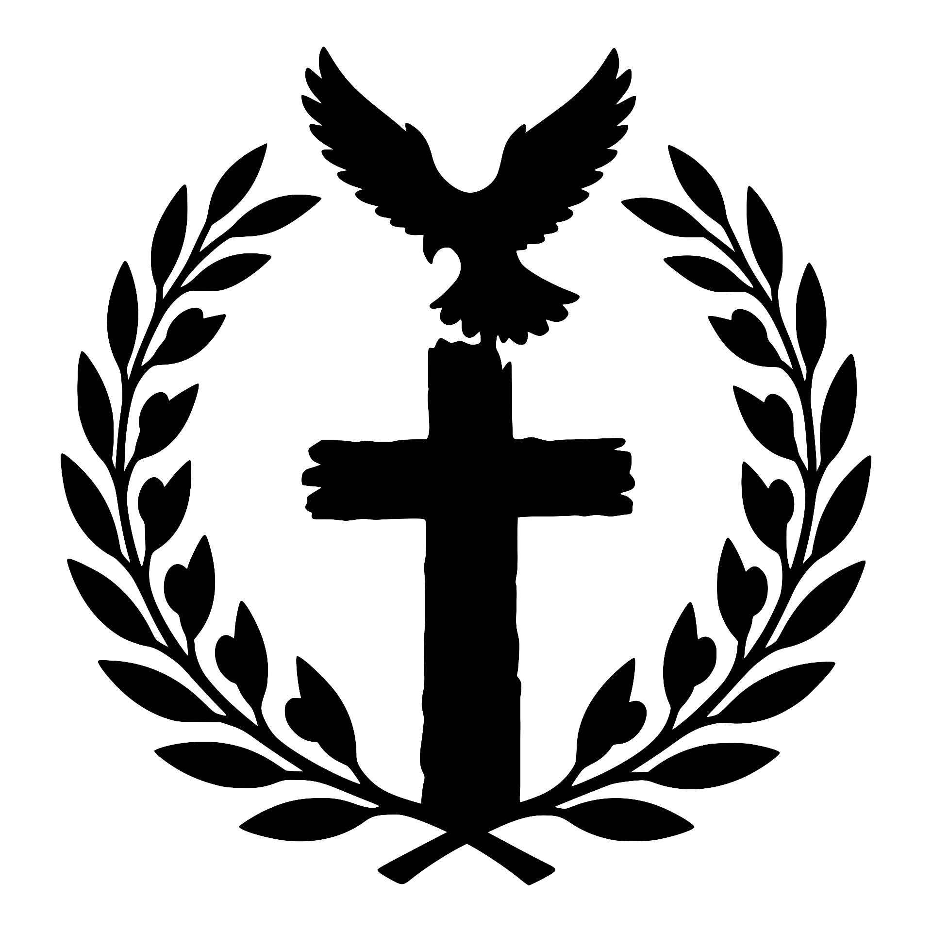Cross with a dove ascending above it inside a laurel wreath