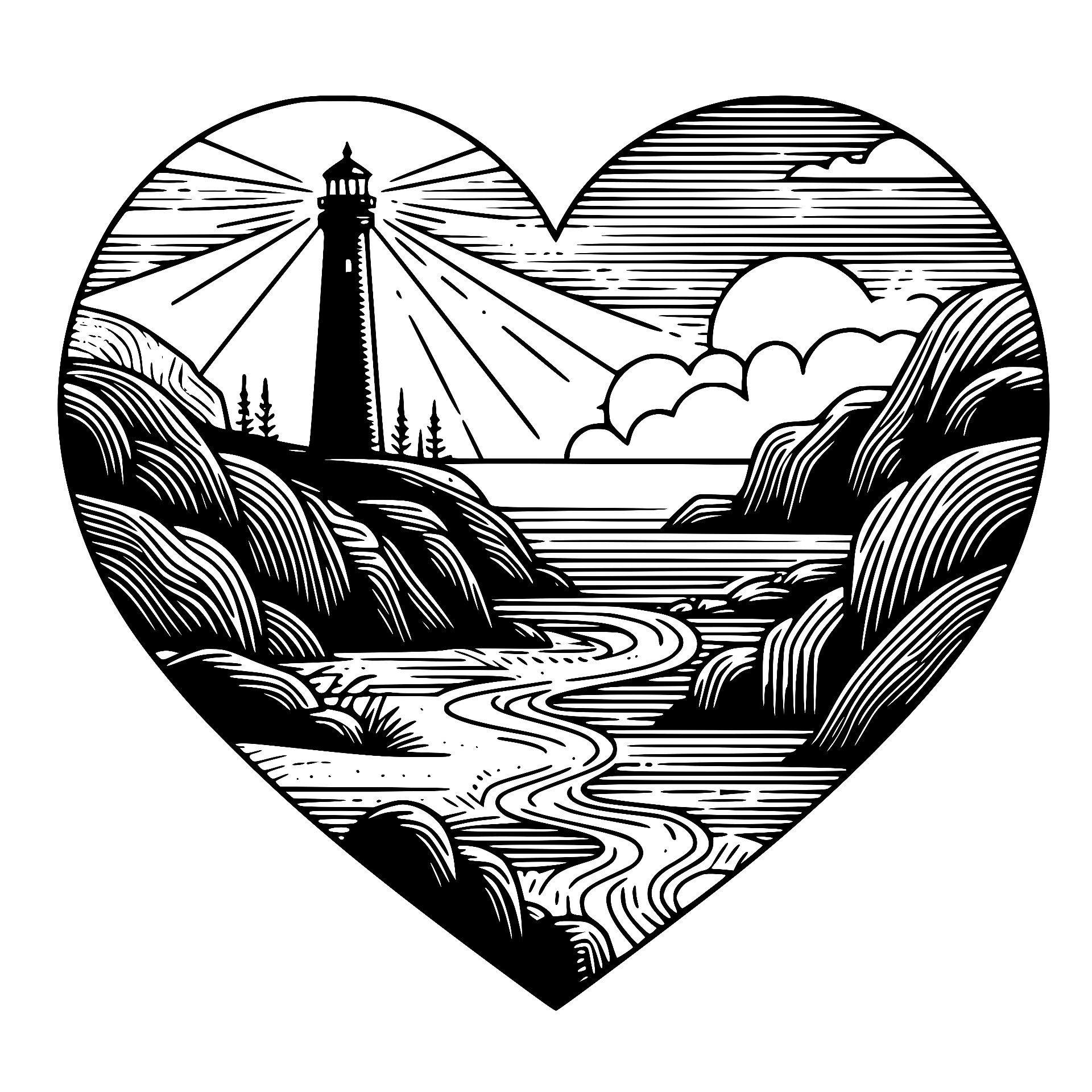Heart-shaped lighthouse coastal scene with light rays