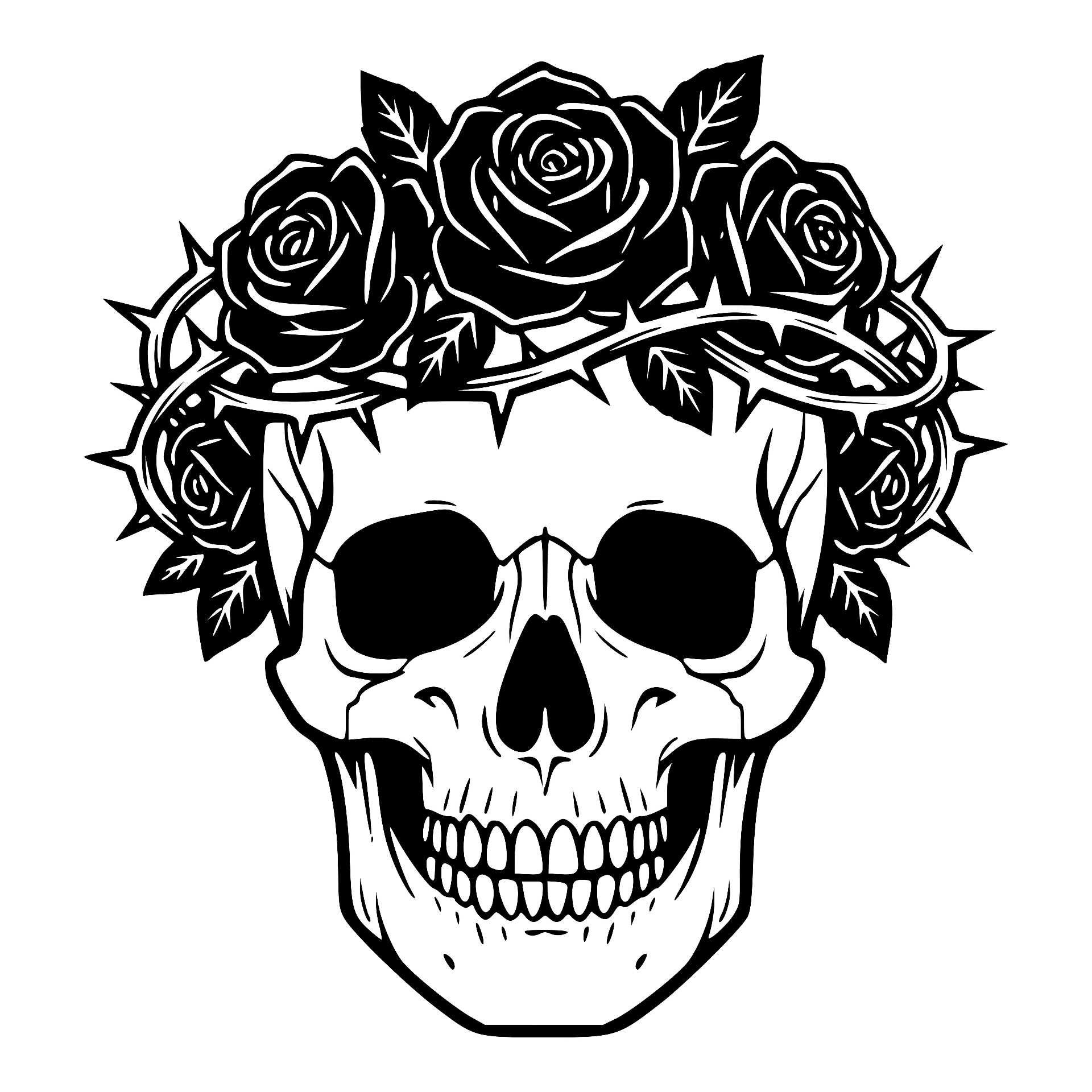 Skull wearing a crown of thorns with roses