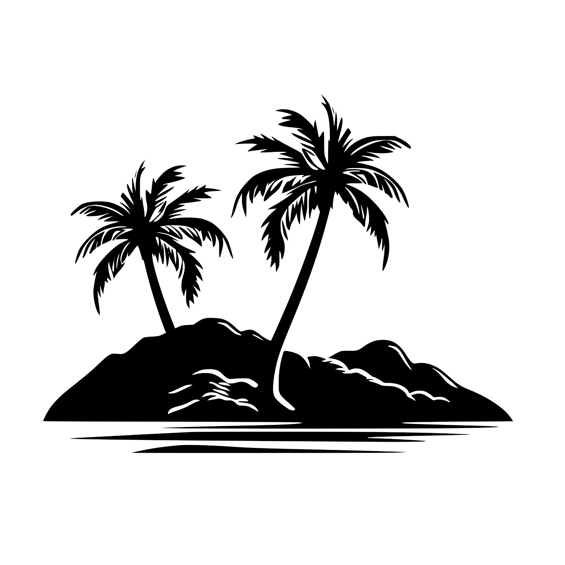 Two palm trees on an island with waves silhouette