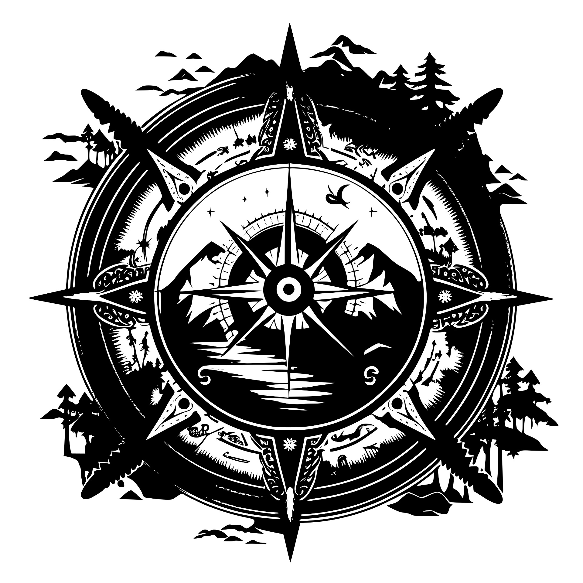 Pirate compass rose with mountains and pine trees