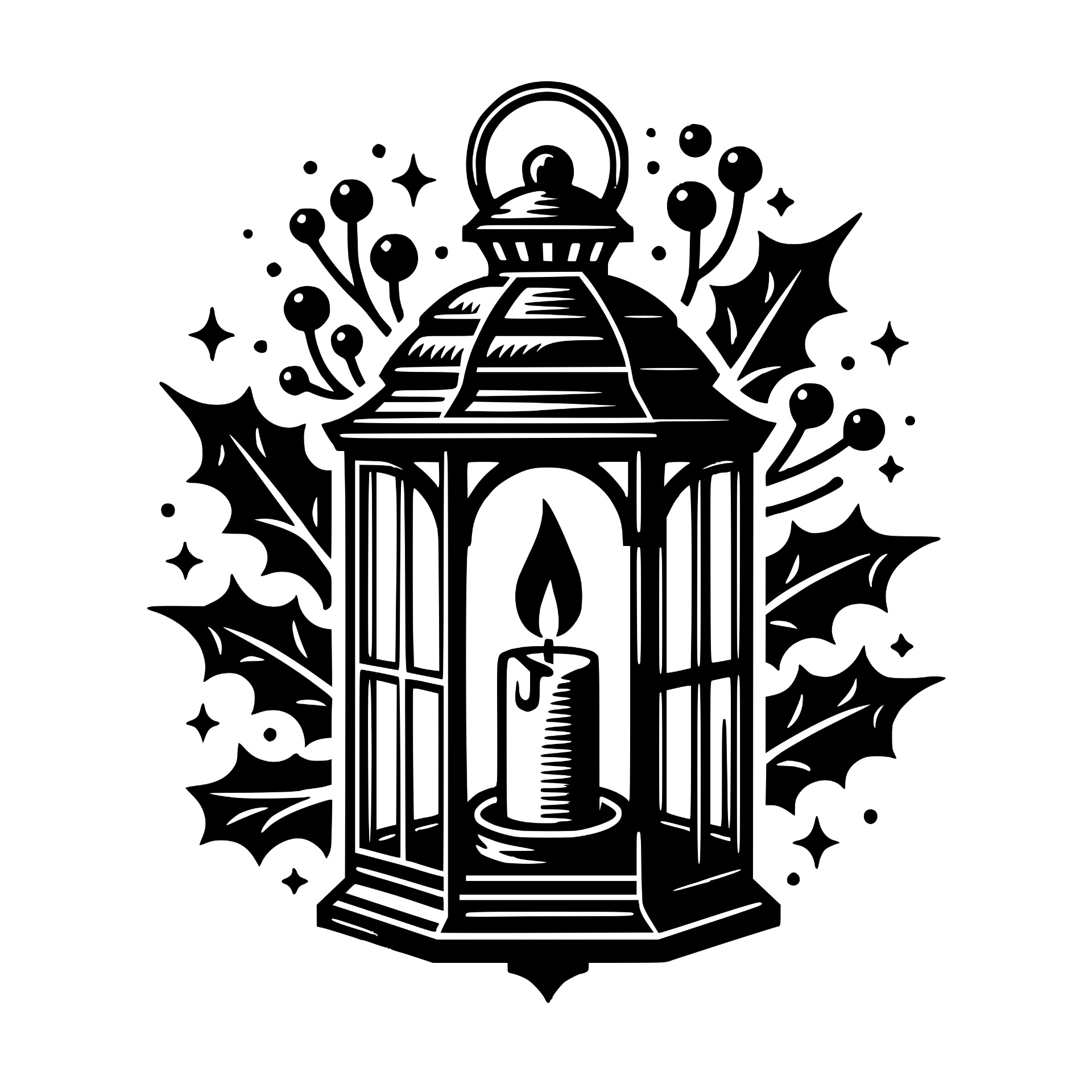 Christmas lantern with candle, holly, and berries