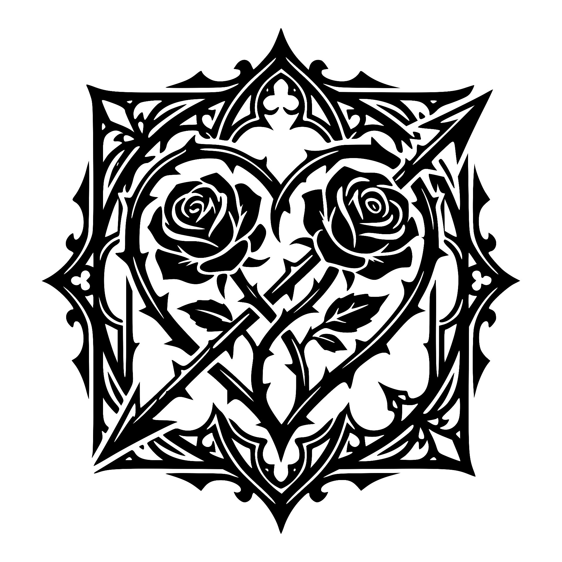 Two roses forming a heart in an ornate gothic frame