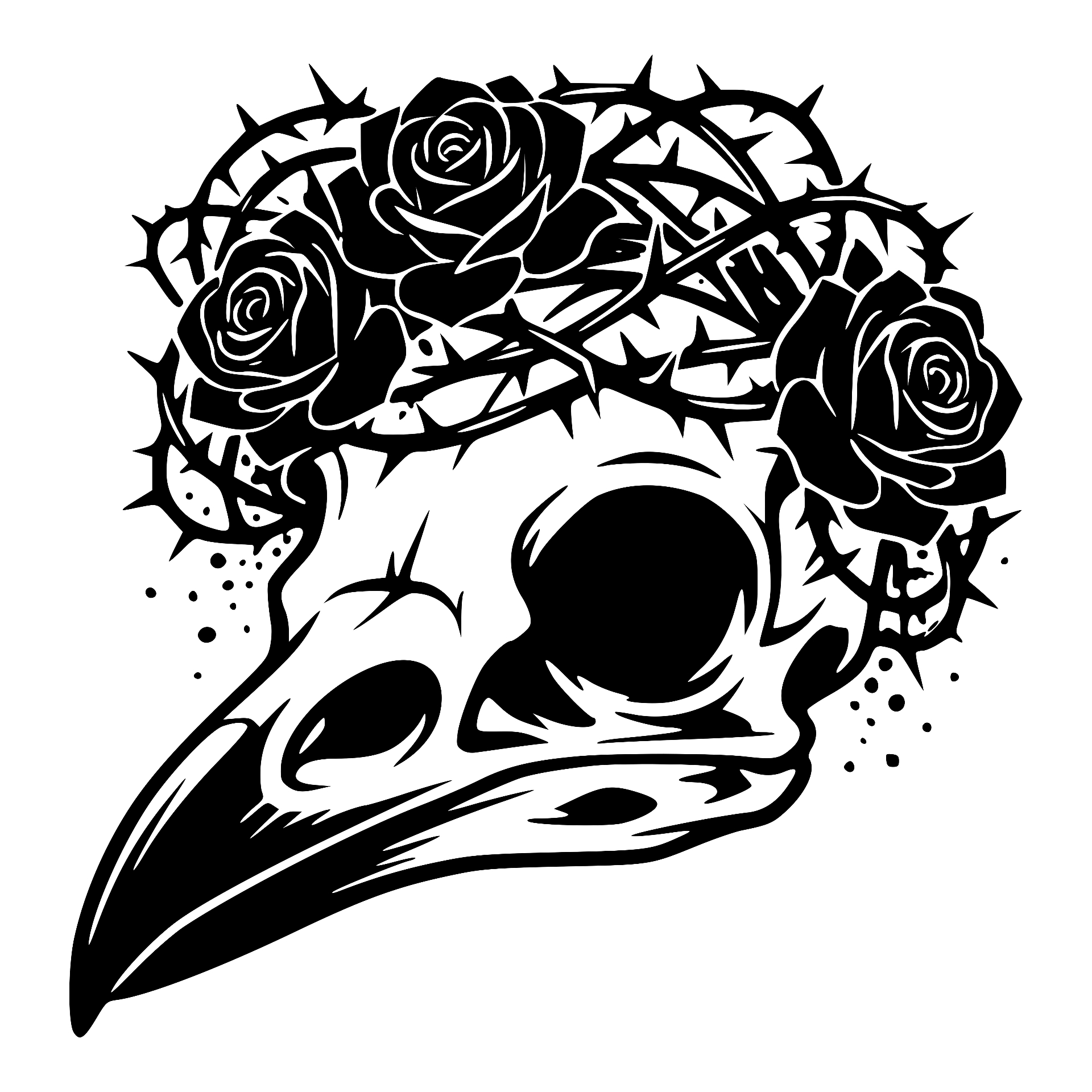 Raven skull crowned with roses and thorns