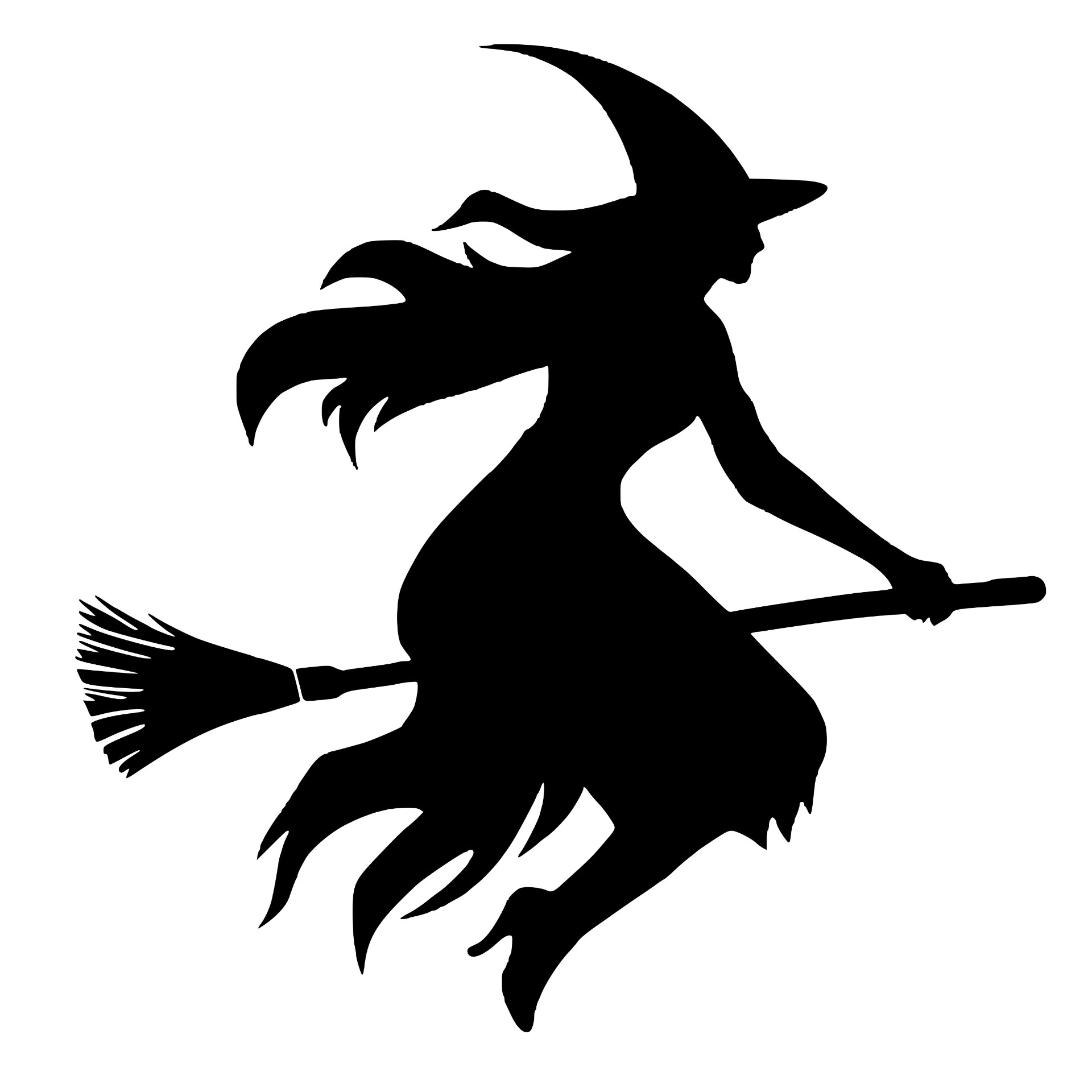 Witch flying on a broom past a crescent moon silhouette