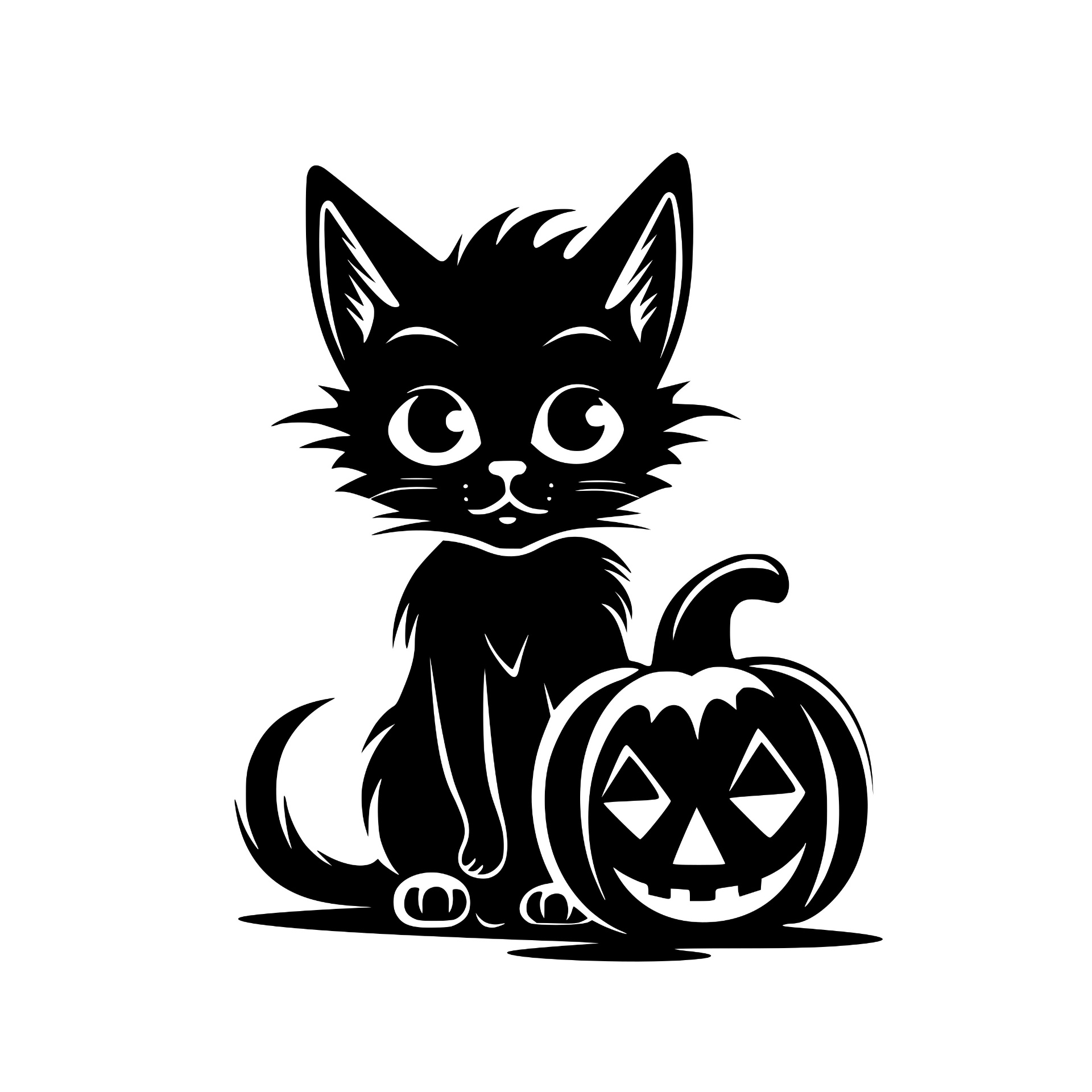 Cute black cat sitting beside a jack-o-lantern