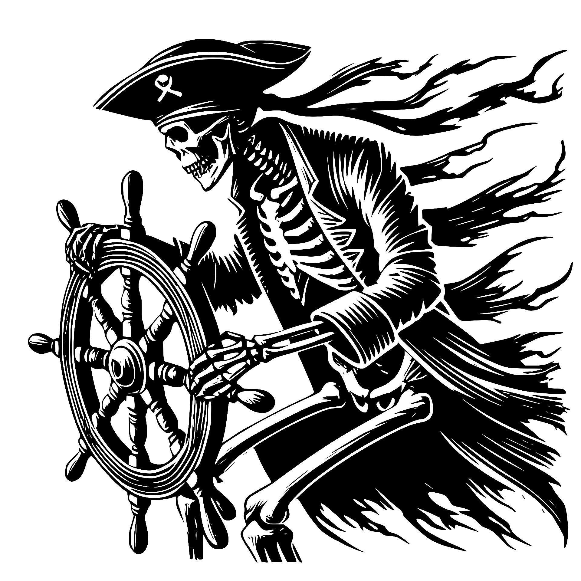 Skeleton pirate at the ship's helm