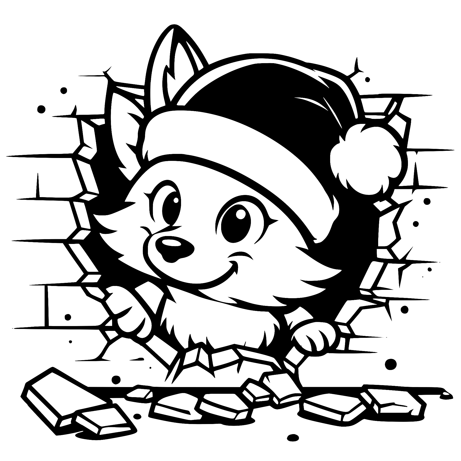 Fox in a Santa hat breaking through a brick wall