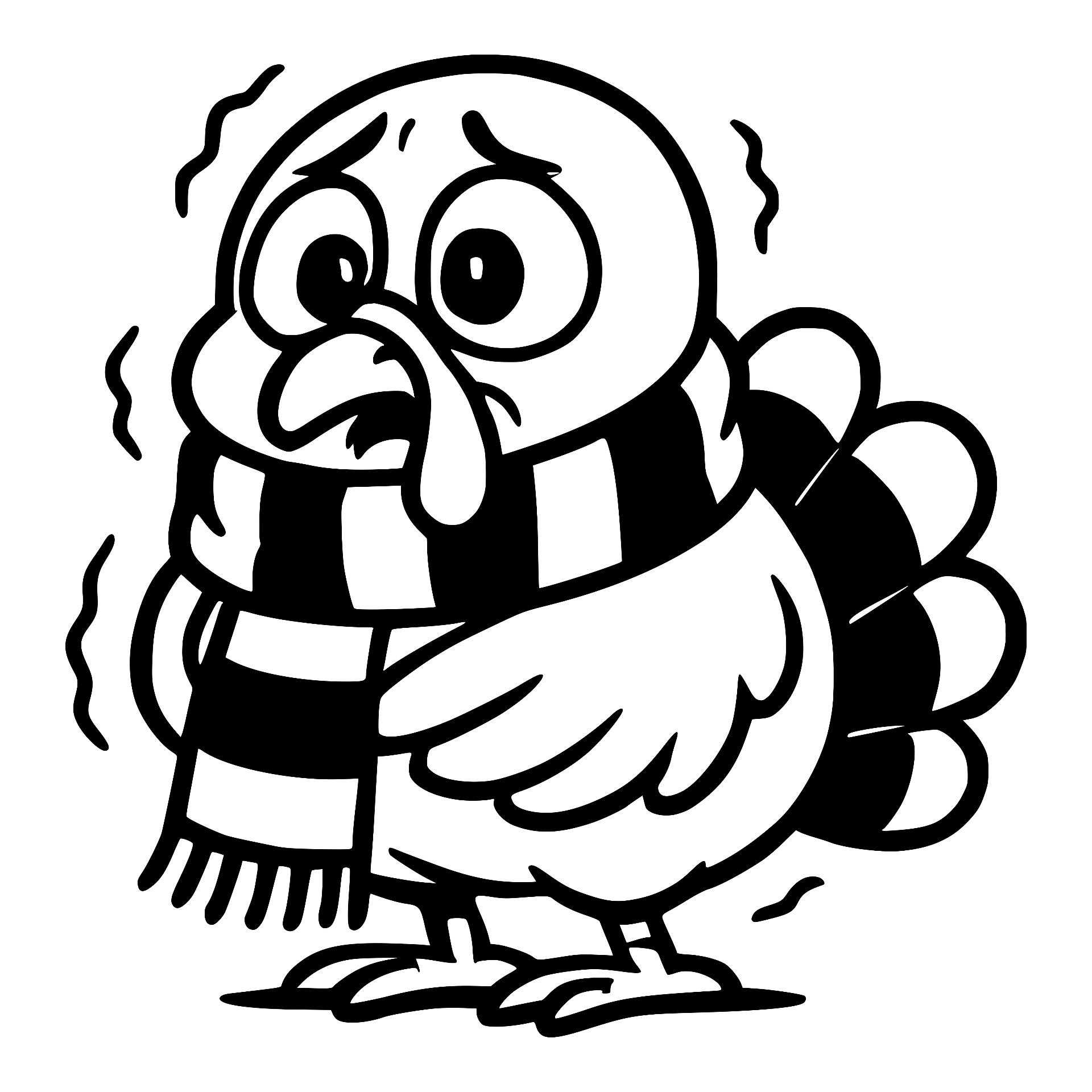 Shivering turkey bundled in a striped scarf