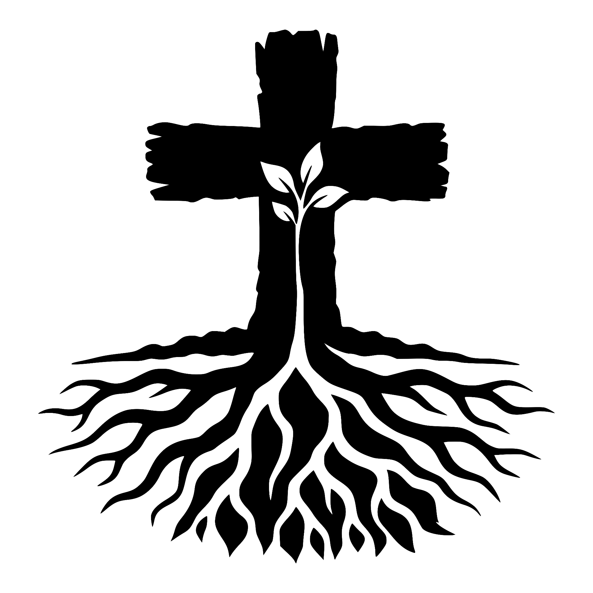 Cross growing from tree roots with a sprout