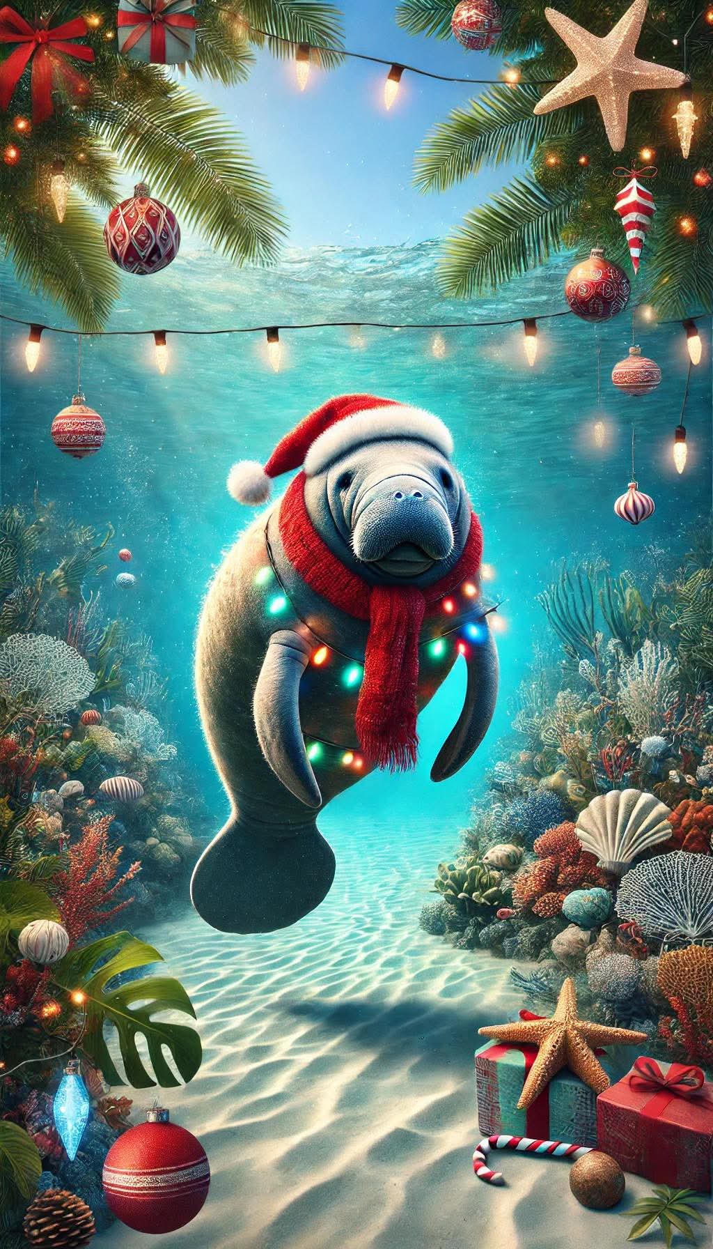 Manatee in a Santa hat and scarf swimming over a festive reef
