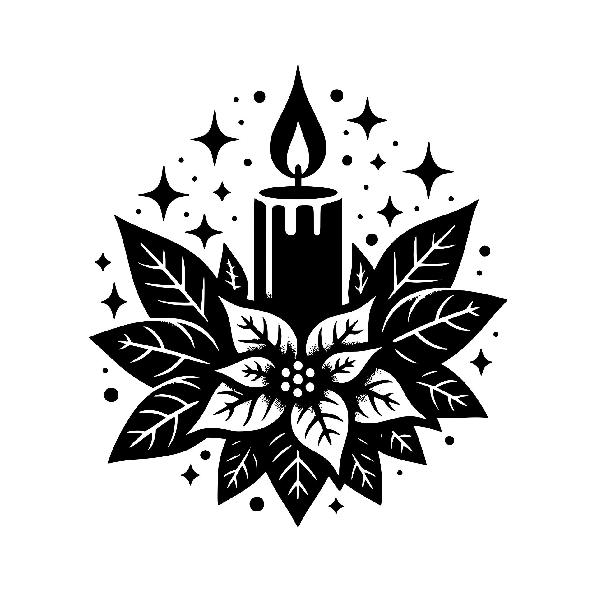 Lit candle surrounded by poinsettia leaves