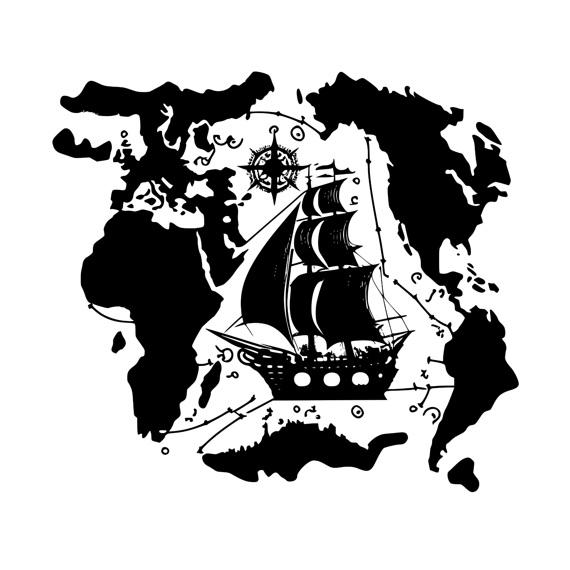 Pirate ship on a world map with compass rose