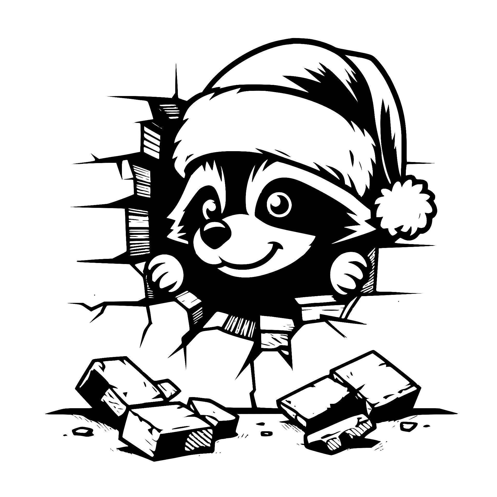 Raccoon in a Santa hat breaking through a brick wall
