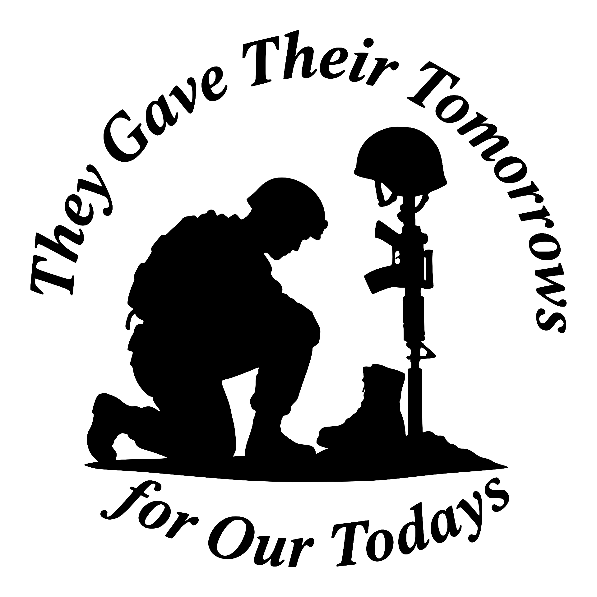 Kneeling soldier at battlefield cross, They Gave Their Tomorrows for Our Todays
