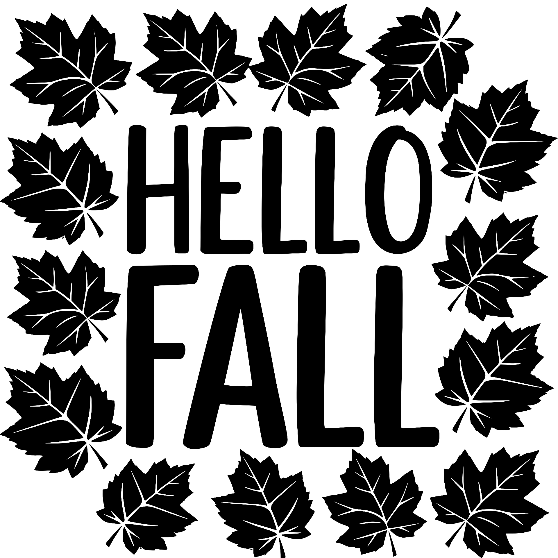 Hello Fall bold text framed by maple leaves