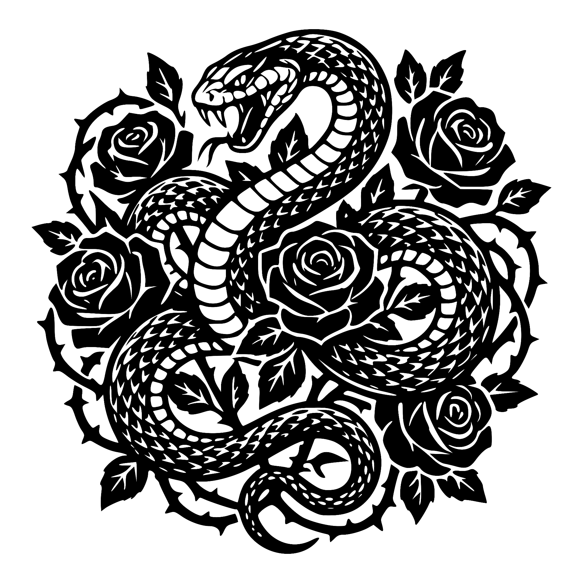 Coiled snake surrounded by thorny roses