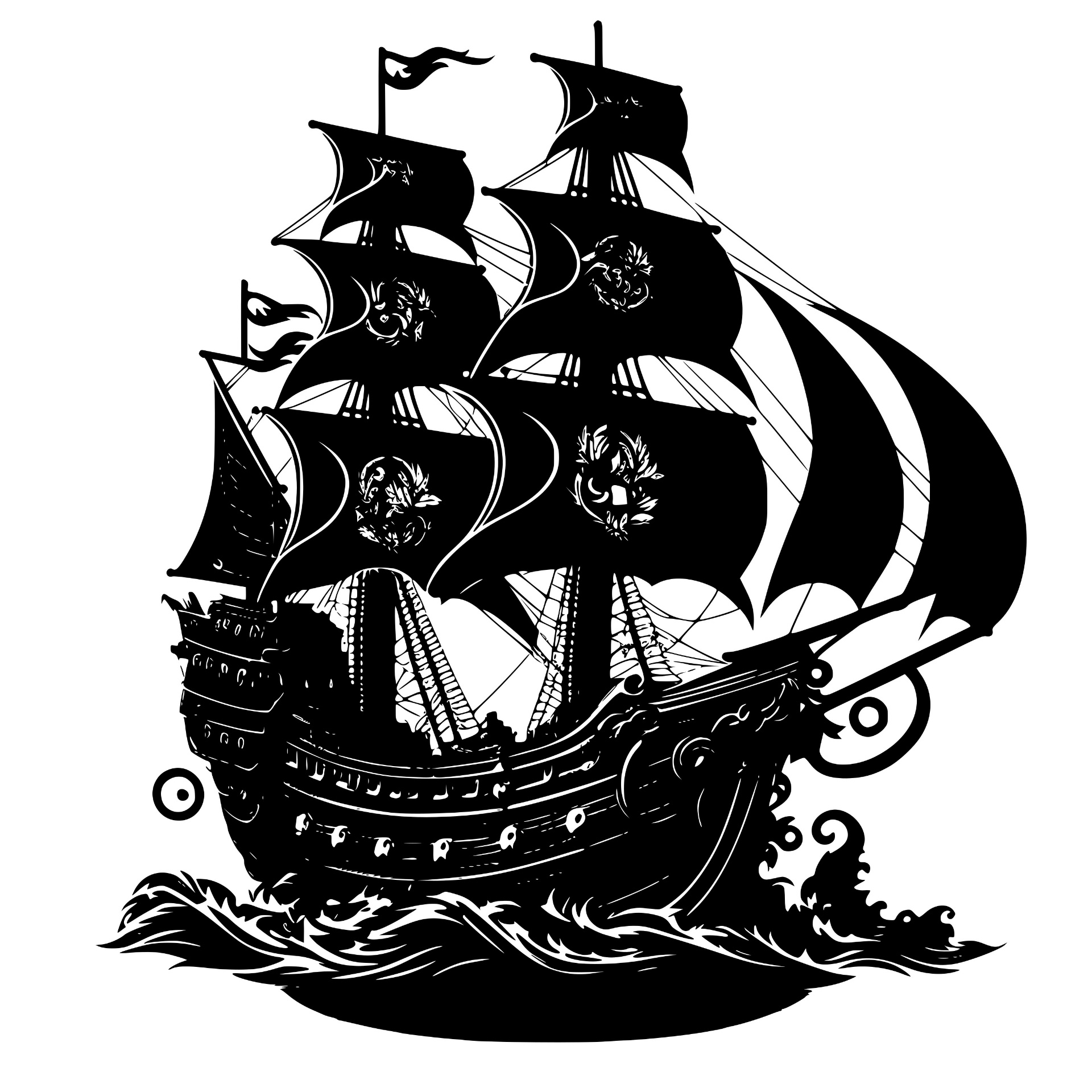 Pirate ship silhouette with crested sails on waves