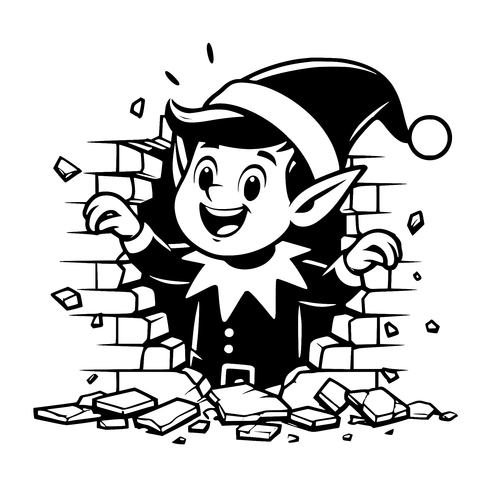 Christmas elf breaking through a brick wall