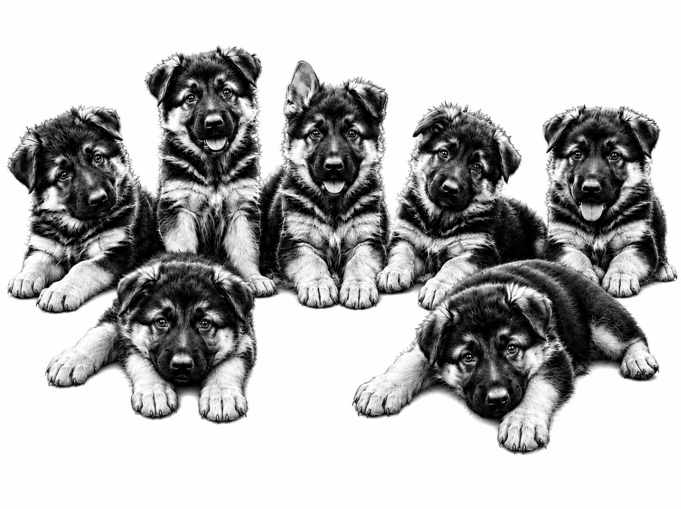 Group portrait of German shepherd puppies