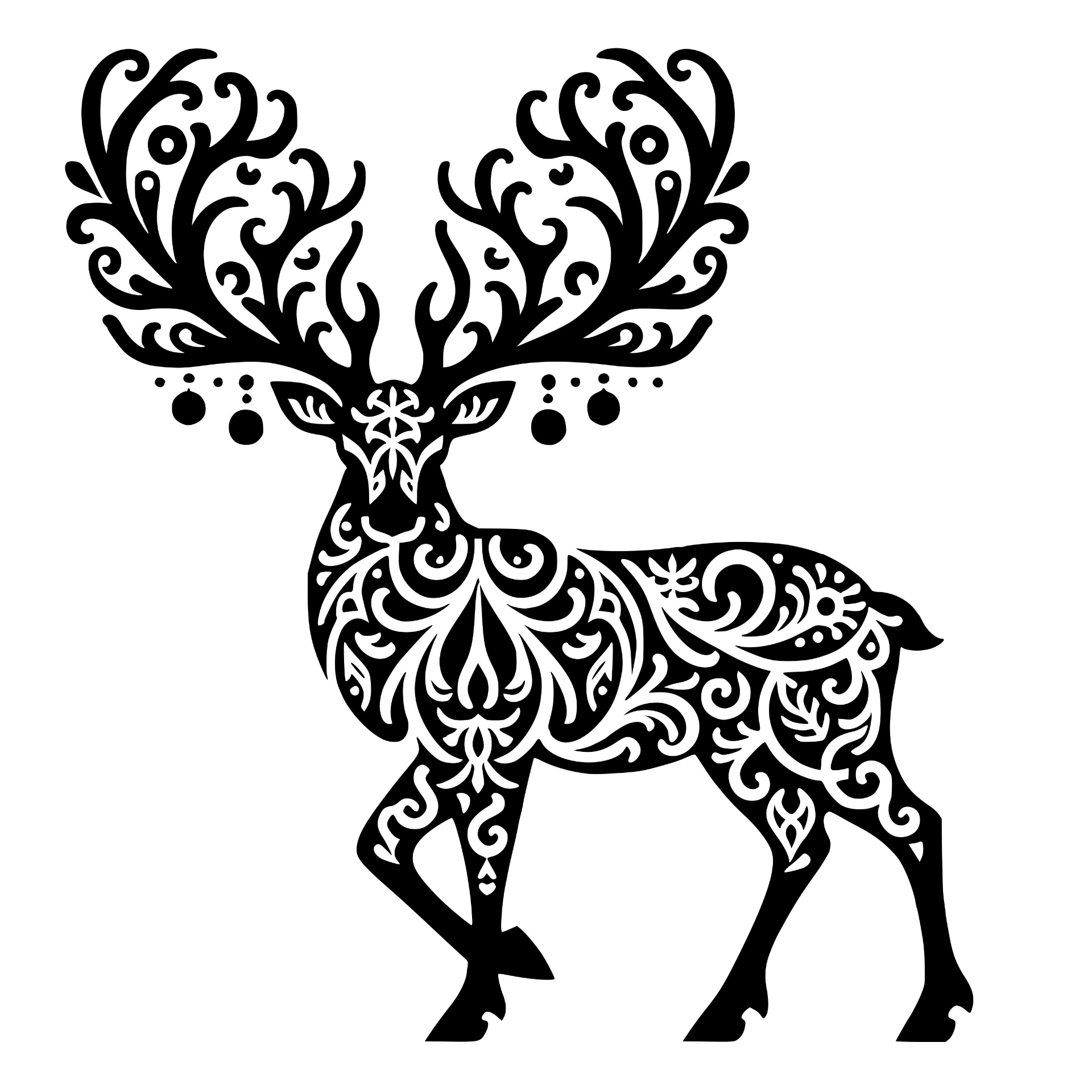 Ornate decorative deer with swirling antlers and patterns