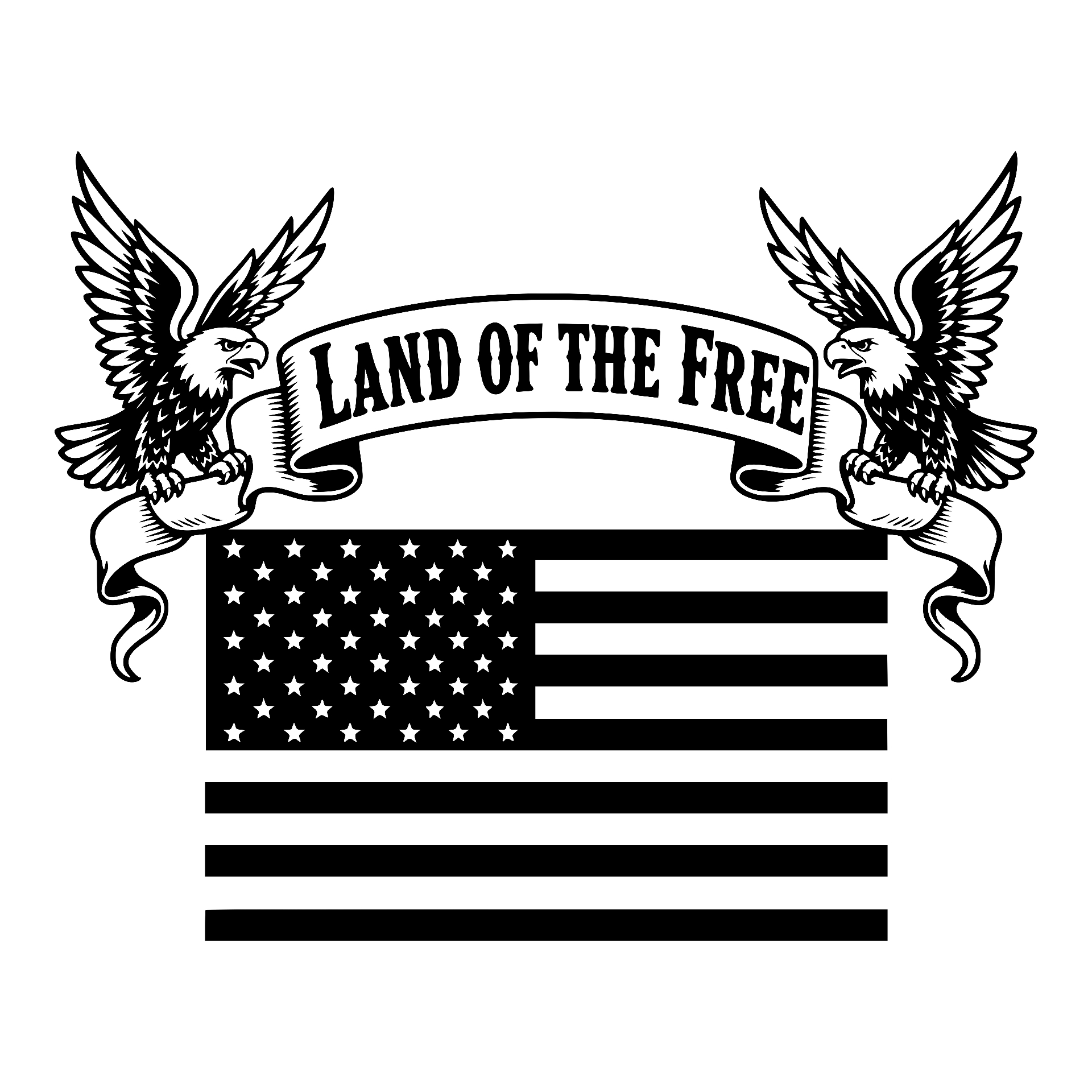 Two eagles holding Land of the Free banner over American flag