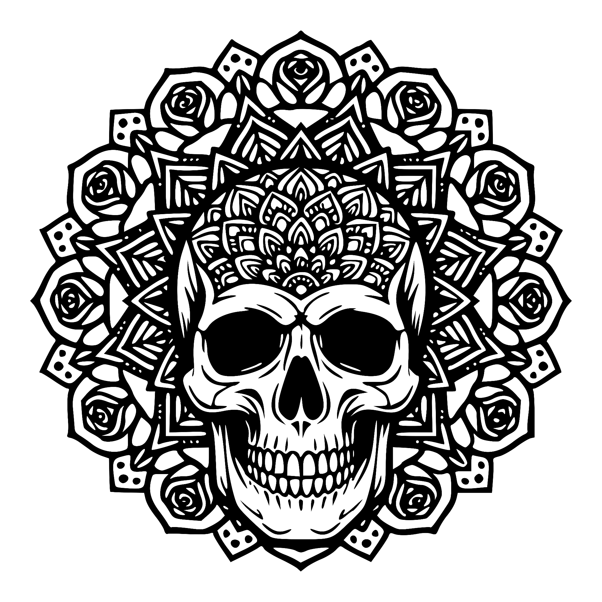 Skull framed by mandala of roses and dice