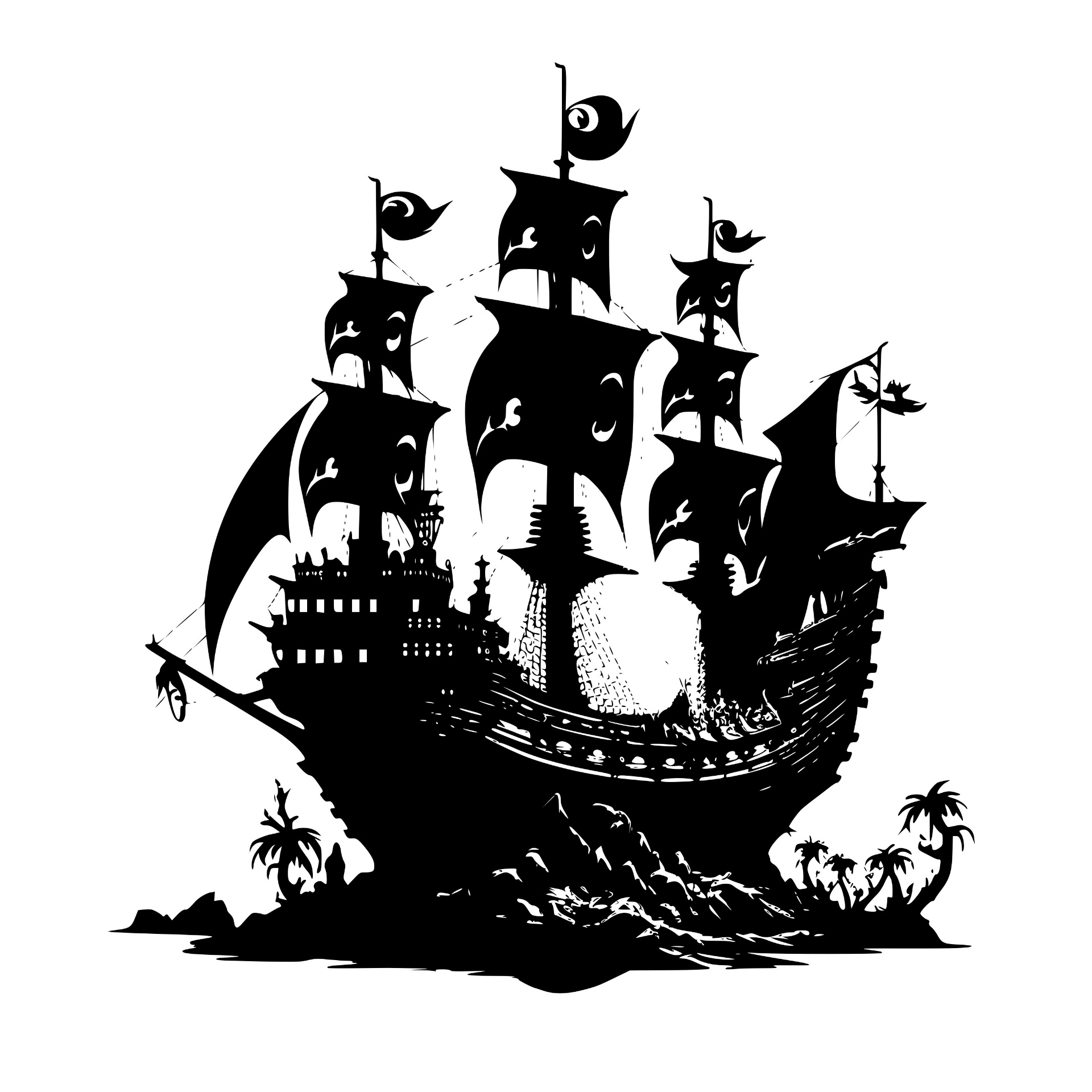 Pirate ship silhouette in tropical cove with palms