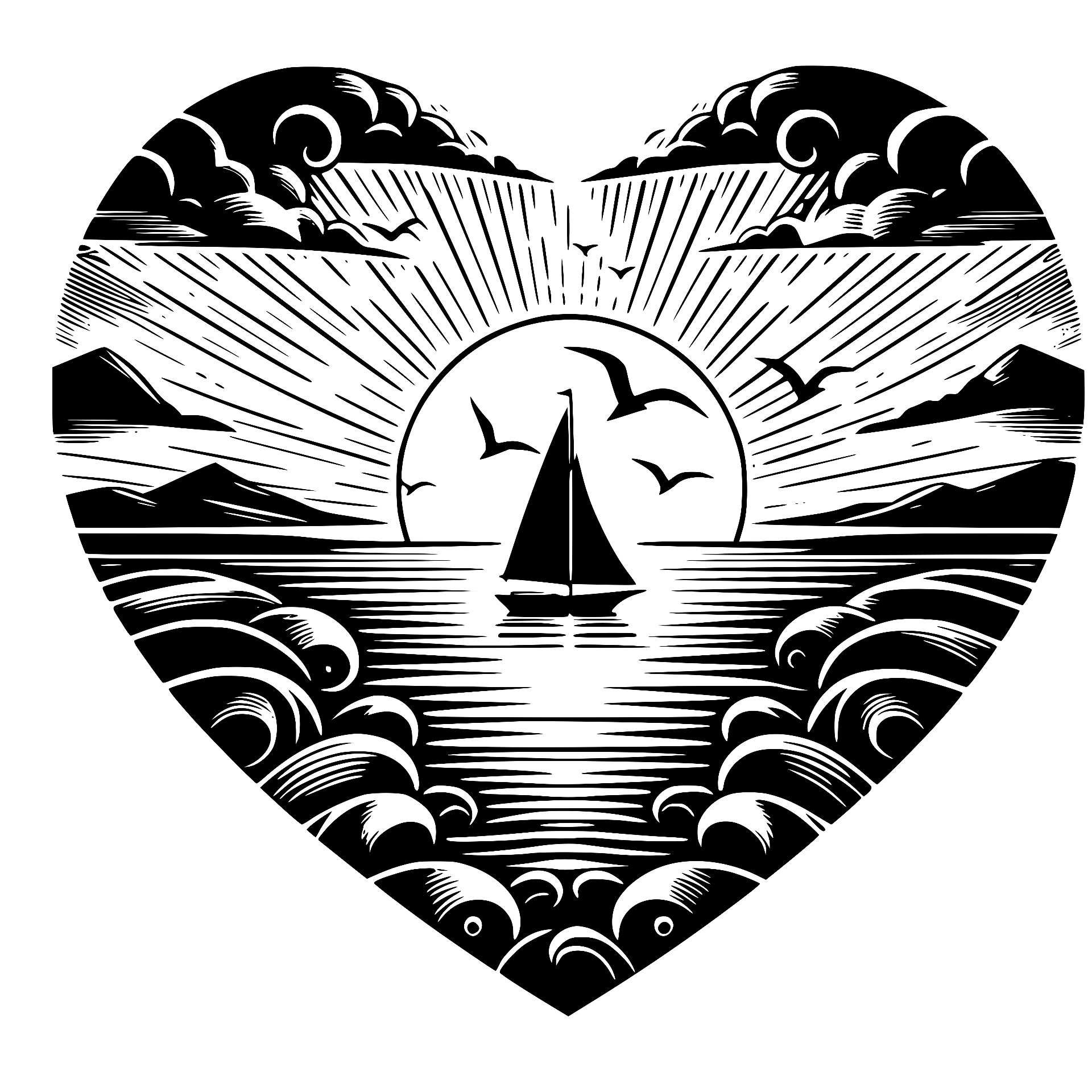 Heart with sailboat at sunrise