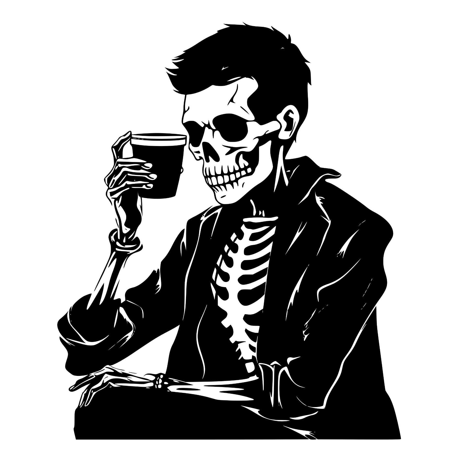 Skeleton in a jacket sipping from a cup