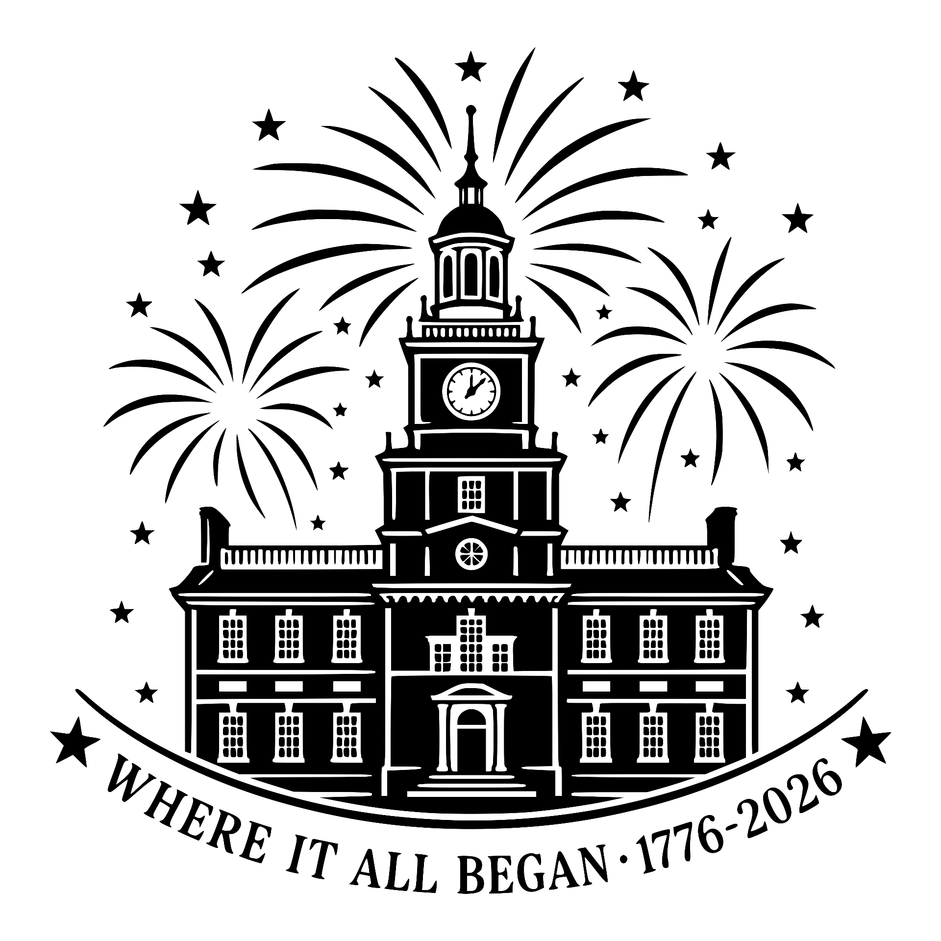 Independence Hall with fireworks, Where It All Began 1776-2026